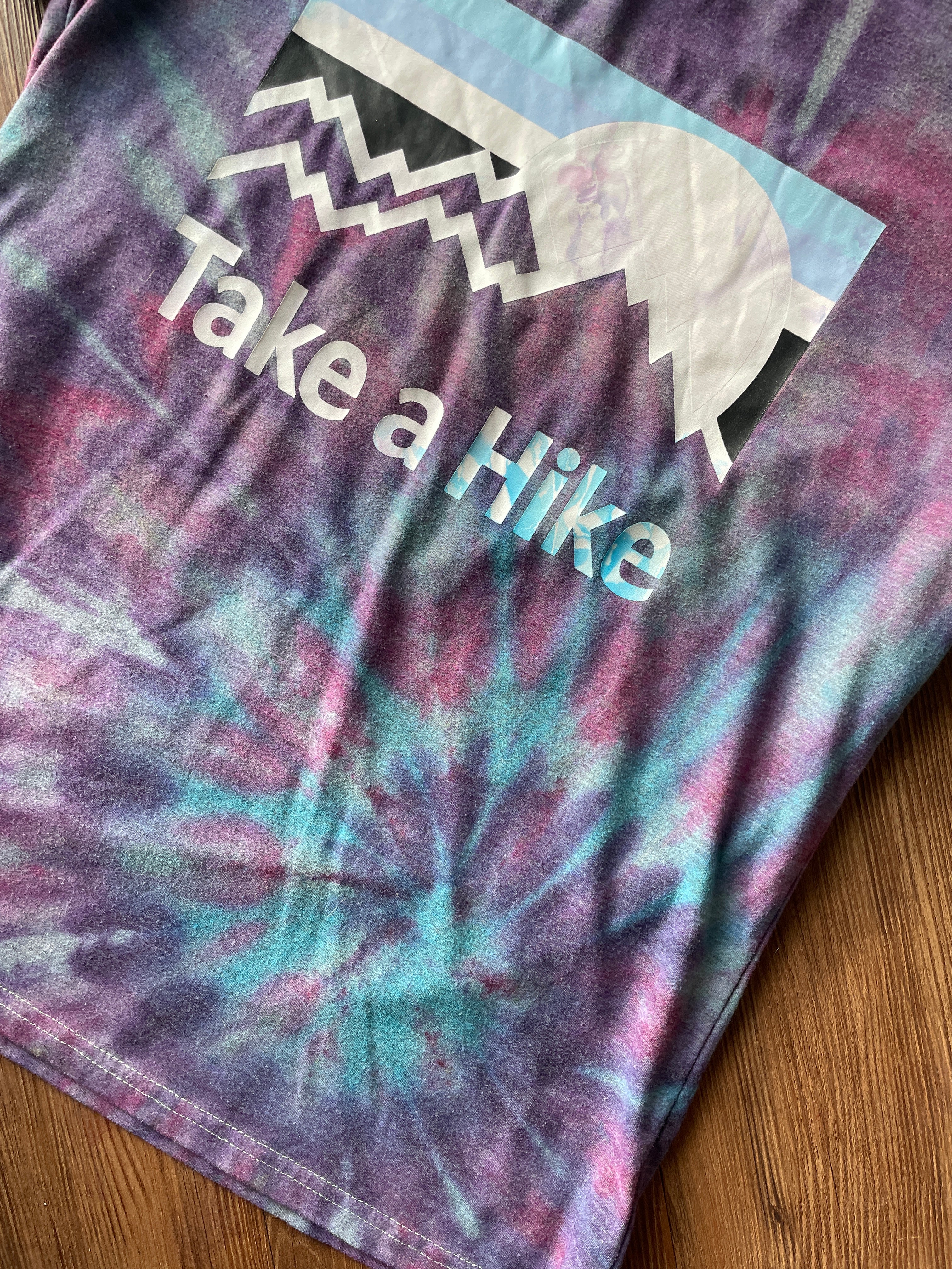 LARGE Men’s Take a Hike Mountains Galaxy Spiral Tie Dye T-Shirt | Pastel Purple and Blue Ice Dye Short Sleeve