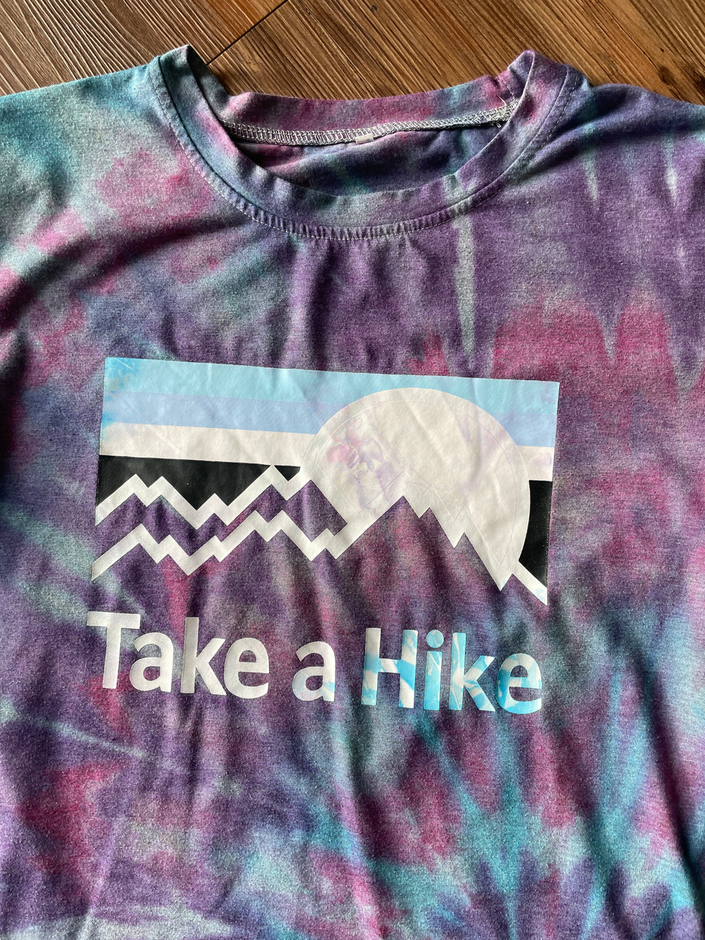 LARGE Men’s Take a Hike Mountains Galaxy Spiral Tie Dye T-Shirt | Pastel Purple and Blue Ice Dye Short Sleeve