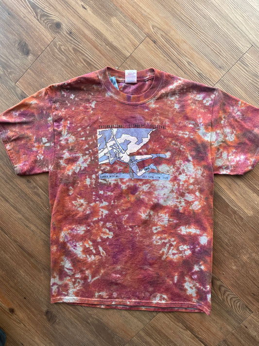MEDIUM Men’s International Climbing Festival Tie Dye T-Shirt | Red and Orange Crumpled Short Sleeve