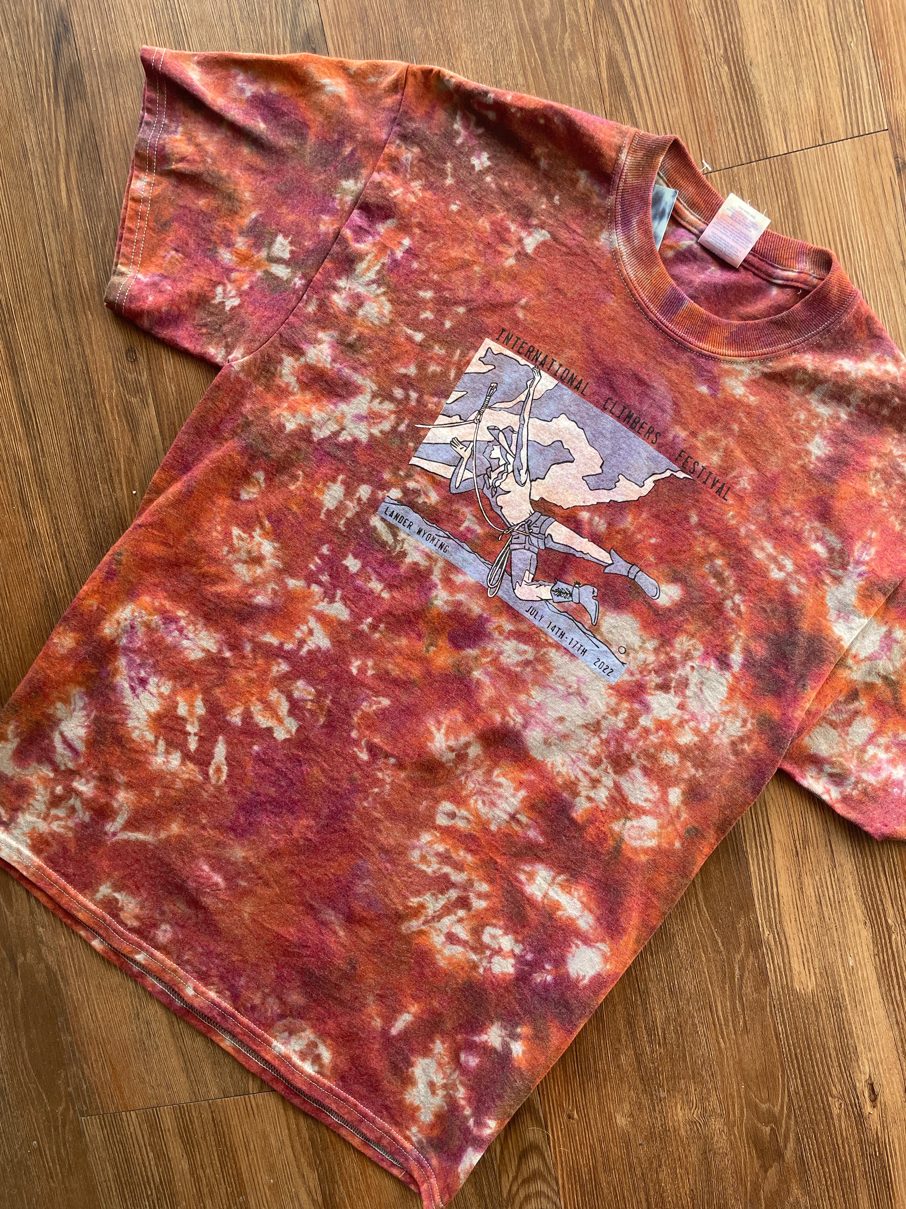 MEDIUM Men’s International Climbing Festival Tie Dye T-Shirt | Red and Orange Crumpled Short Sleeve
