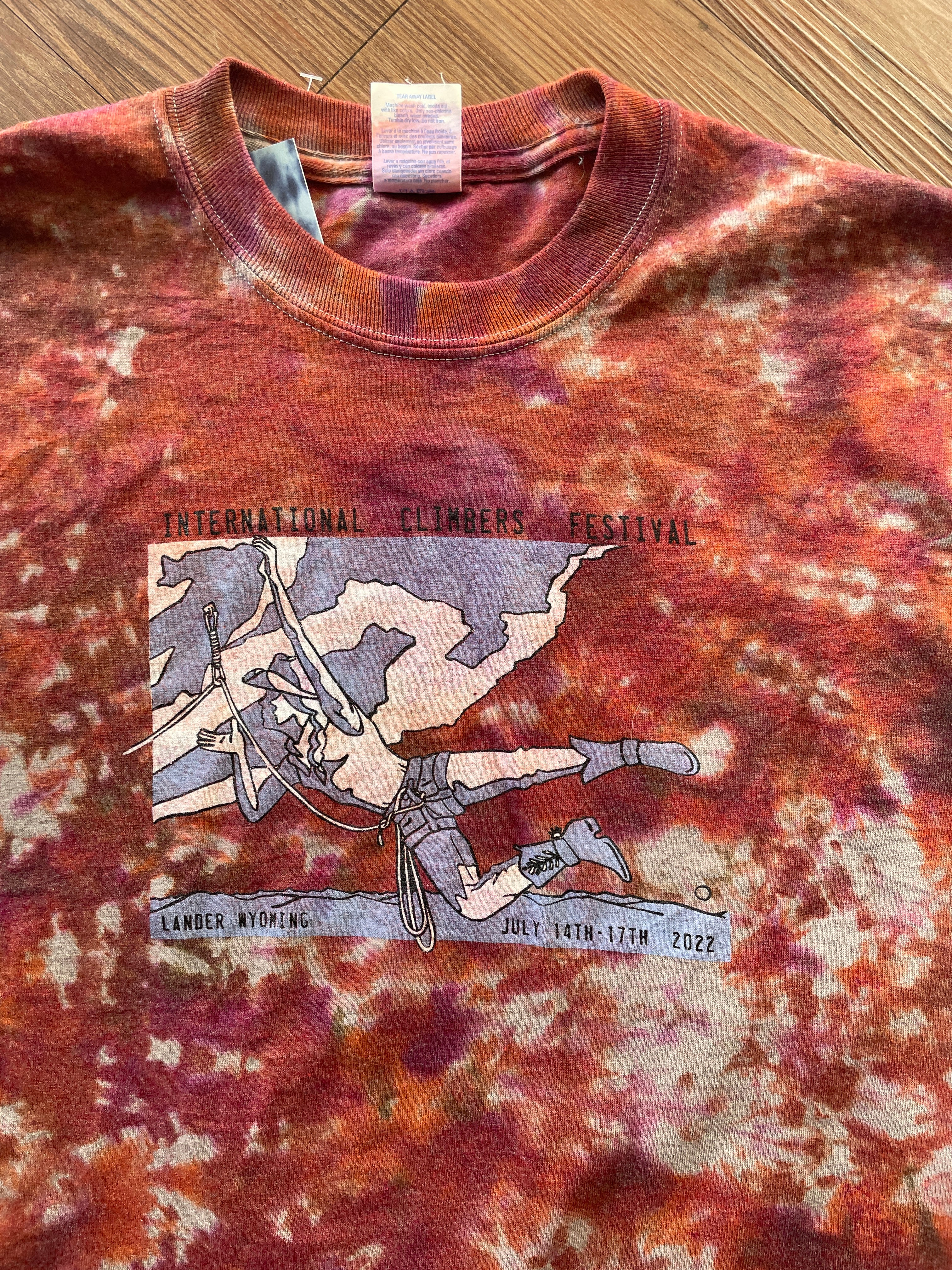 MEDIUM Men’s International Climbing Festival Tie Dye T-Shirt | Red and Orange Crumpled Short Sleeve