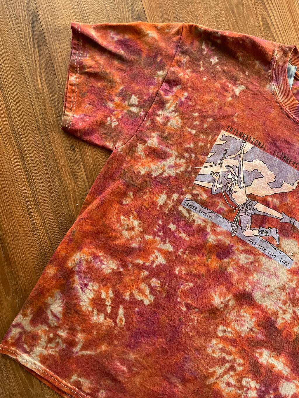 MEDIUM Men’s International Climbing Festival Tie Dye T-Shirt | Red and Orange Crumpled Short Sleeve