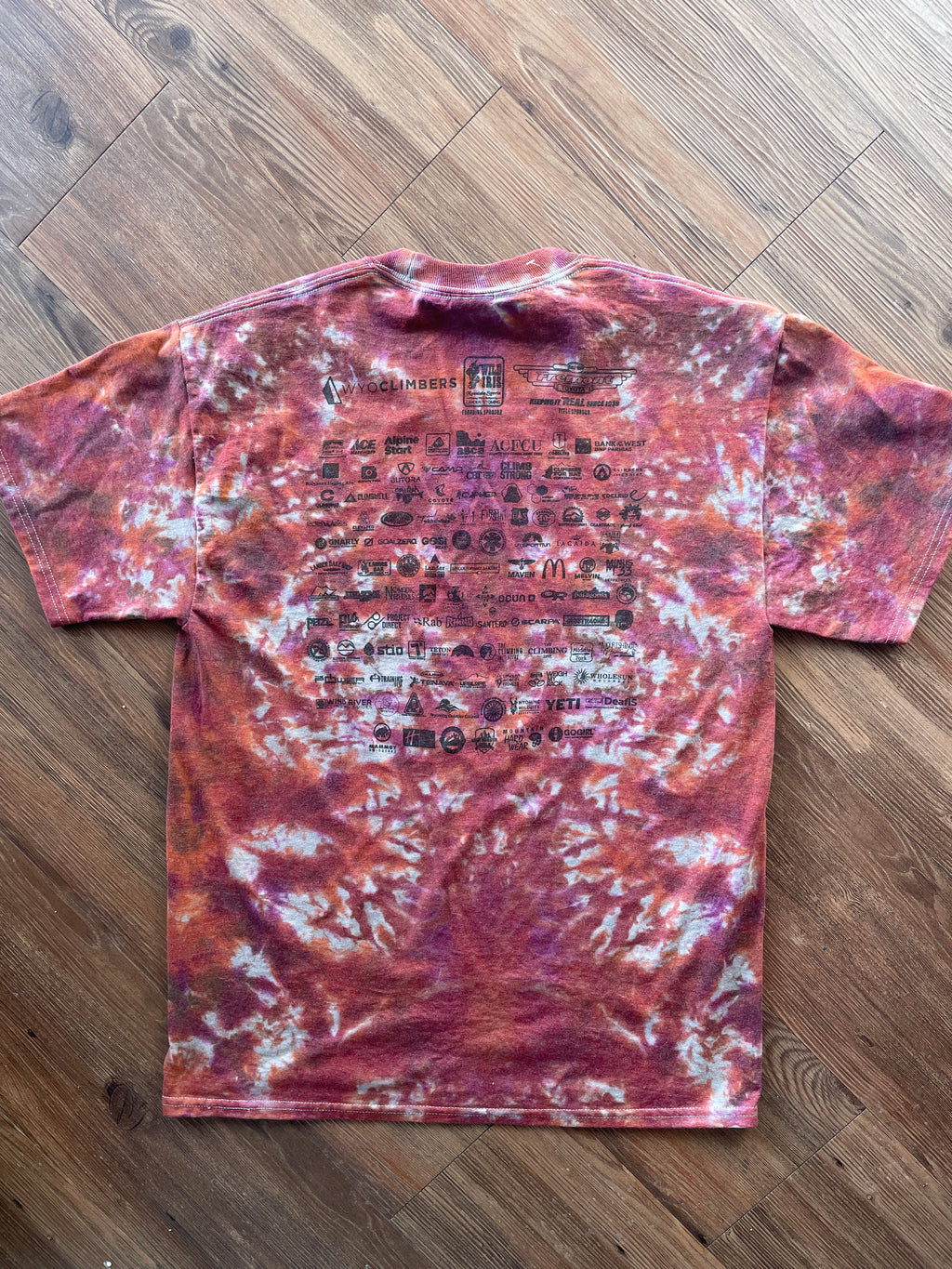 MEDIUM Men’s International Climbing Festival Tie Dye T-Shirt | Red and Orange Crumpled Short Sleeve