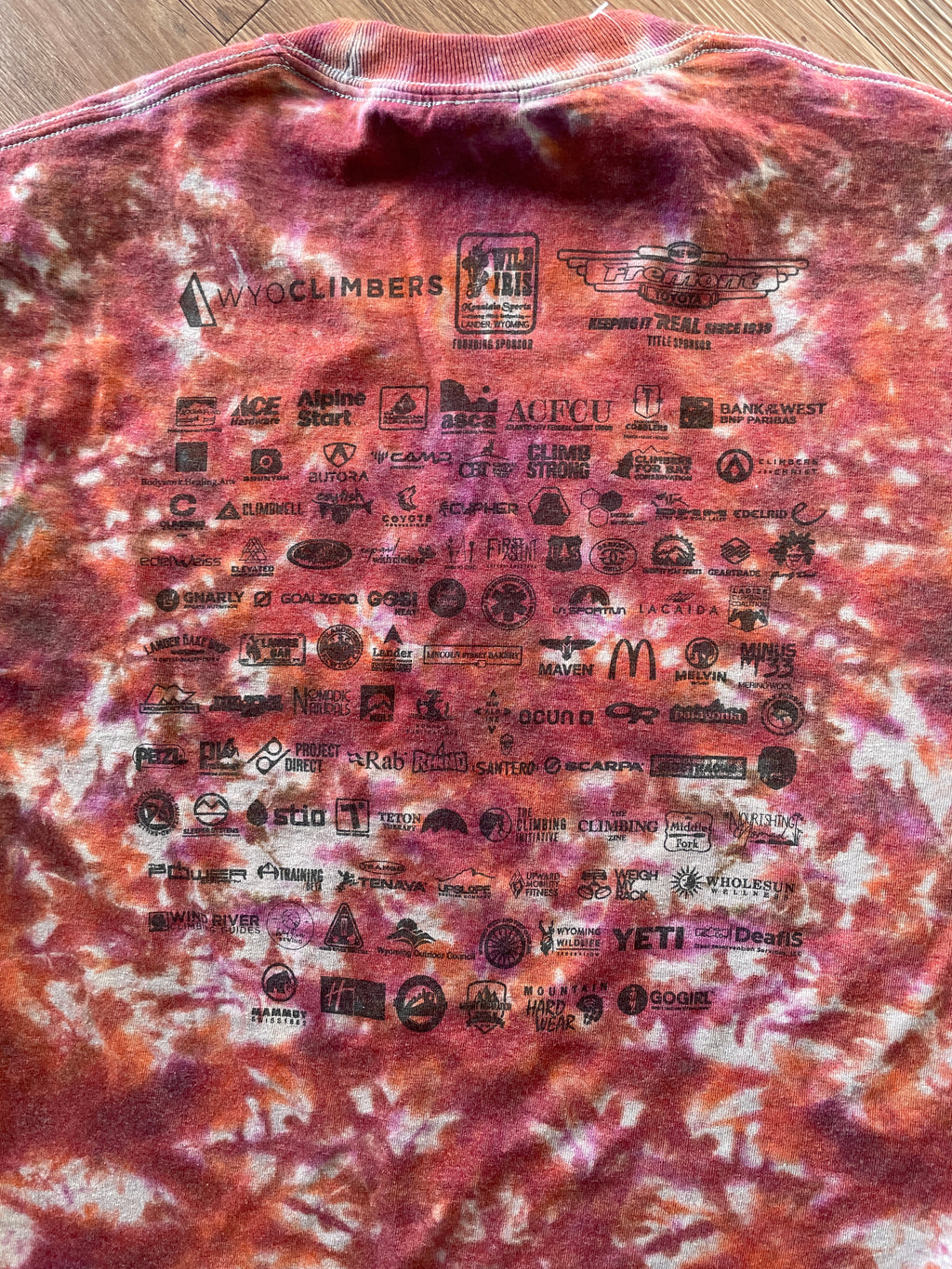 MEDIUM Men’s International Climbing Festival Tie Dye T-Shirt | Red and Orange Crumpled Short Sleeve