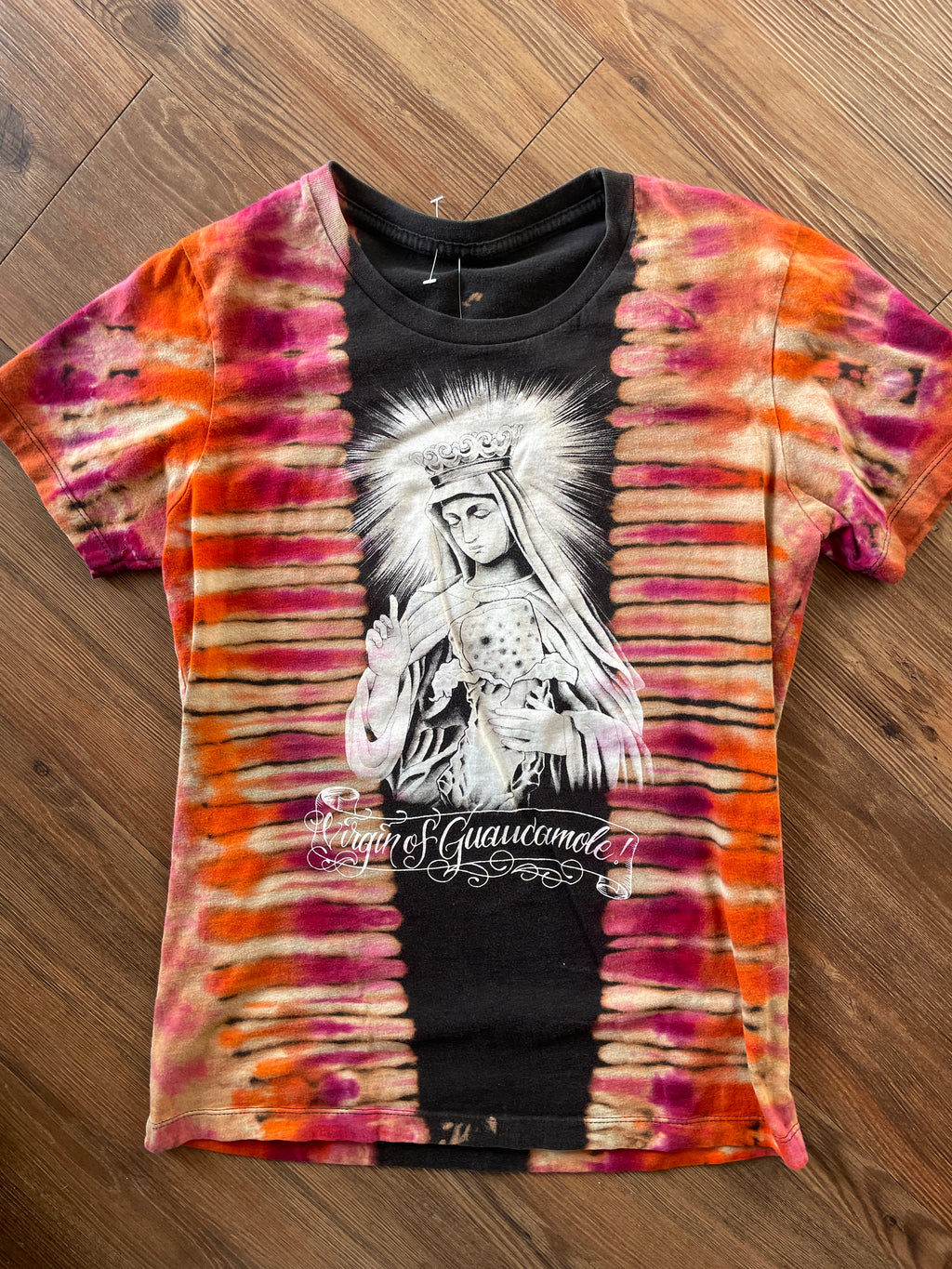 XS Women’s Virgin of Guacamole Crag to Crux Handmade Tie Dye T-Shirt | Black, Red, and Orange Pleated Short Sleeve