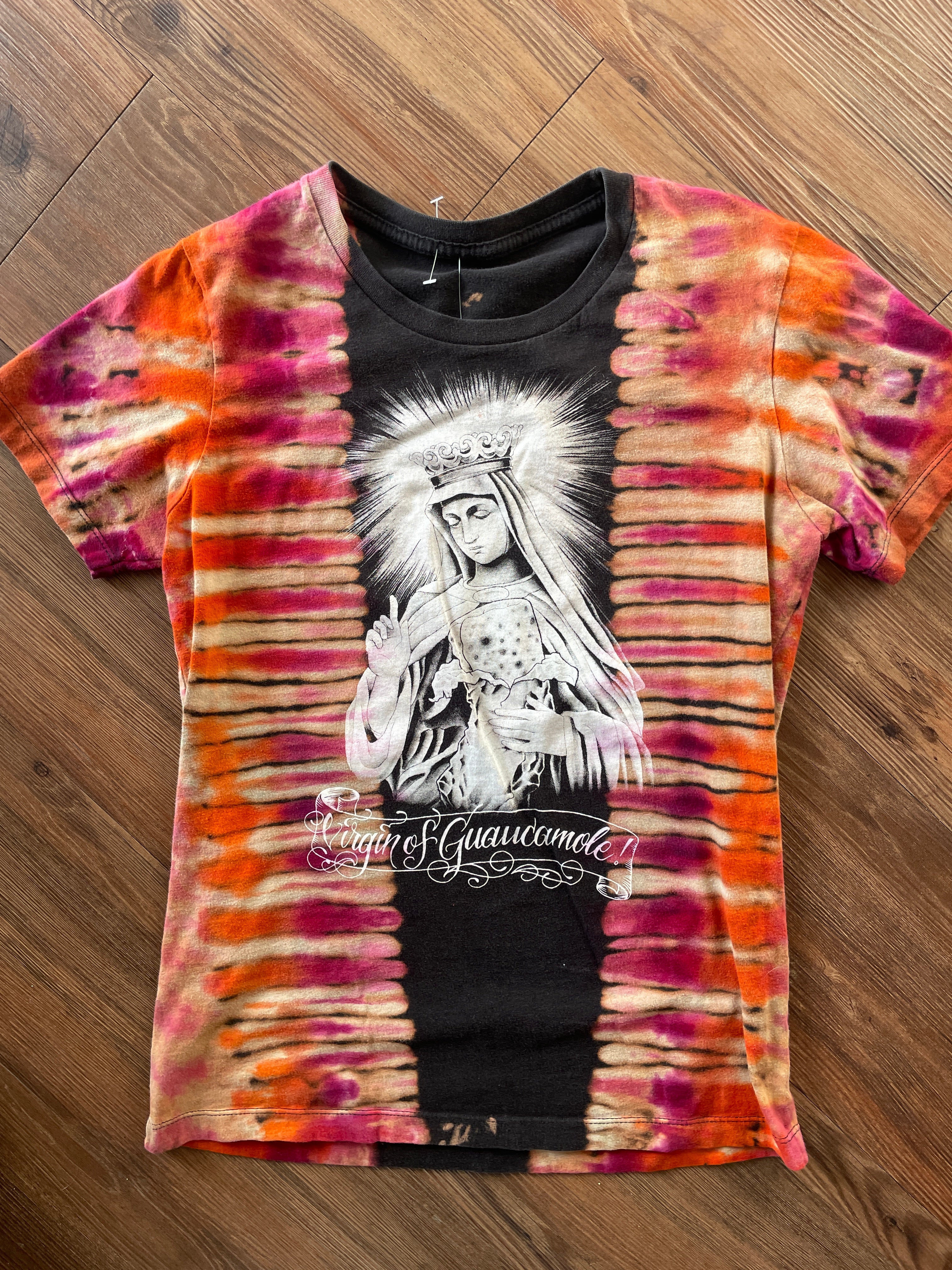 XS Women’s Virgin of Guacamole Crag to Crux Handmade Tie Dye T-Shirt | Black, Red, and Orange Pleated Short Sleeve