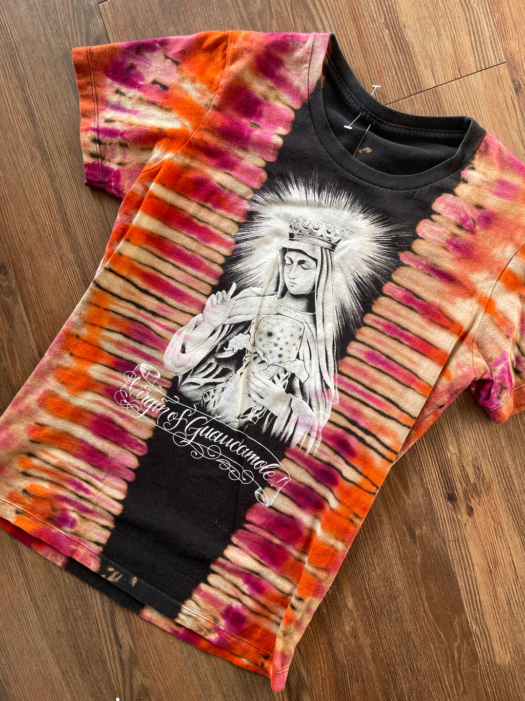 XS Women’s Virgin of Guacamole Crag to Crux Handmade Tie Dye T-Shirt | Black, Red, and Orange Pleated Short Sleeve