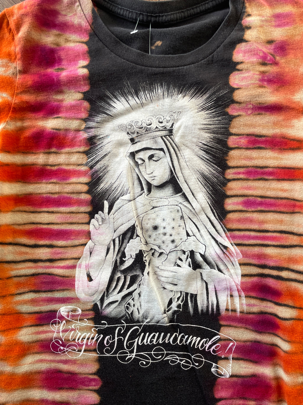 XS Women’s Virgin of Guacamole Crag to Crux Handmade Tie Dye T-Shirt | Black, Red, and Orange Pleated Short Sleeve