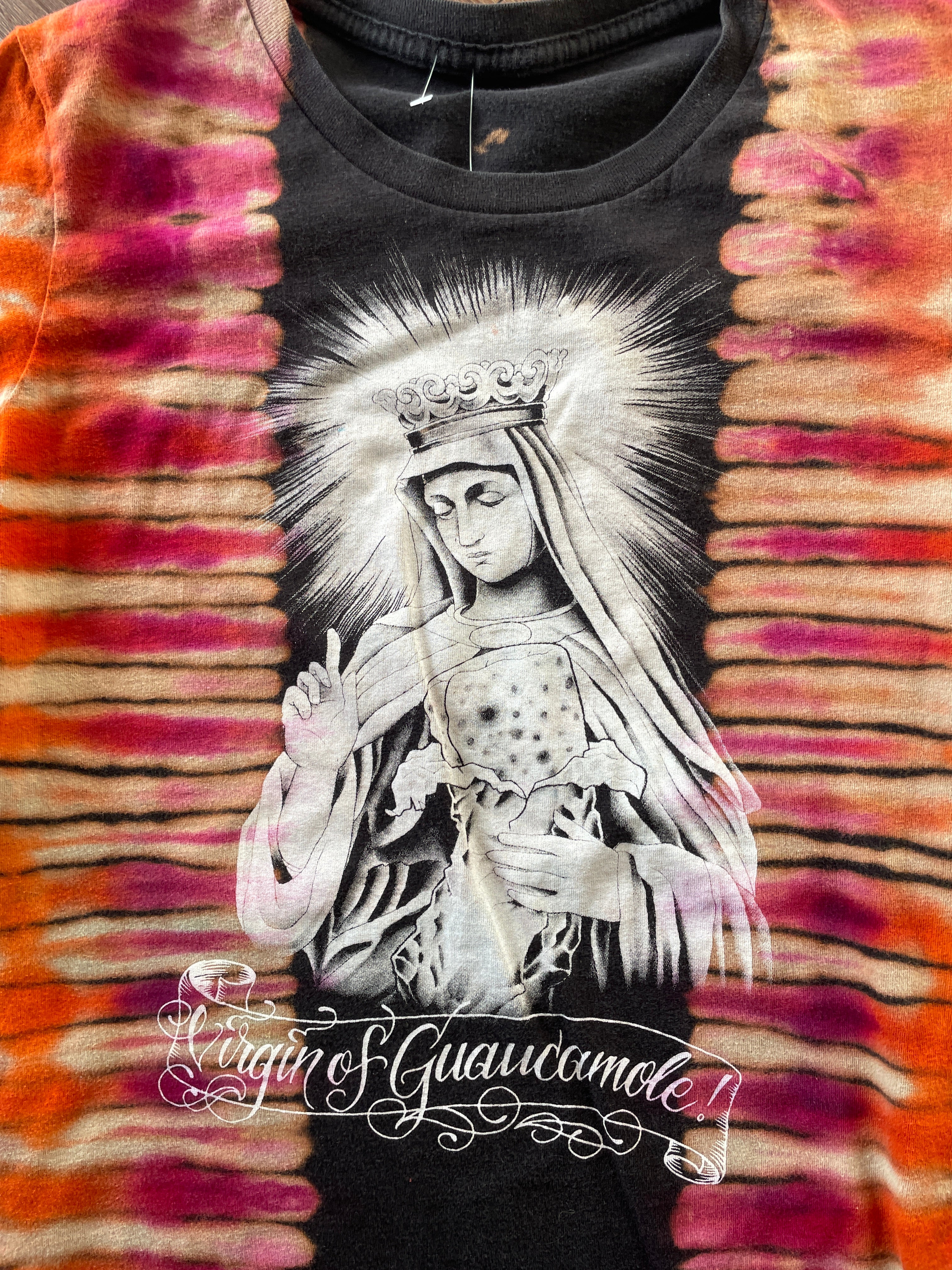 XS Women’s Virgin of Guacamole Crag to Crux Handmade Tie Dye T-Shirt | Black, Red, and Orange Pleated Short Sleeve