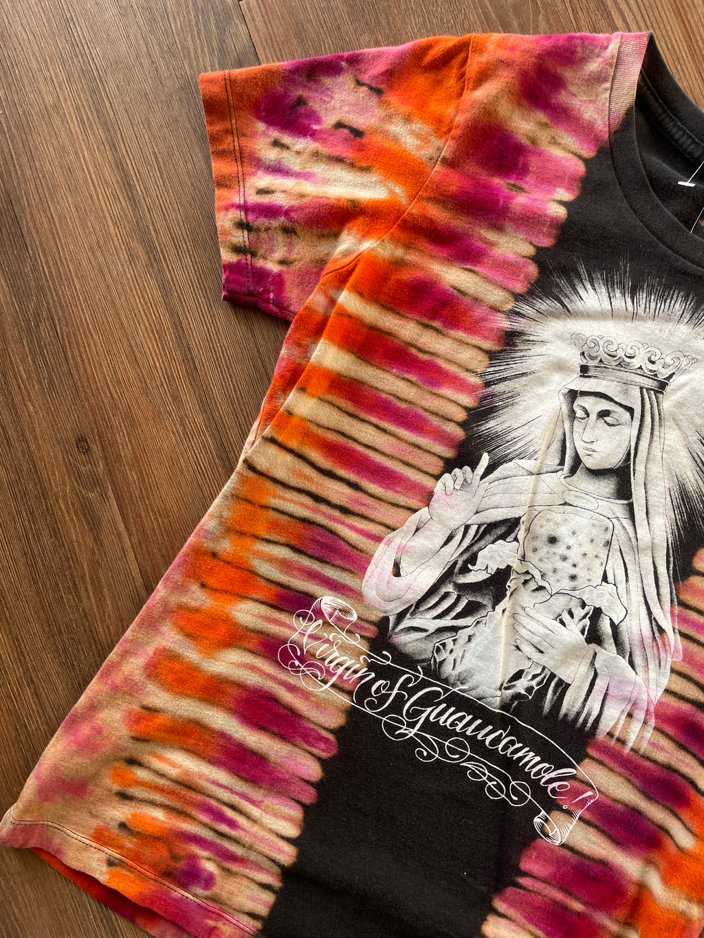 XS Women’s Virgin of Guacamole Crag to Crux Handmade Tie Dye T-Shirt | Black, Red, and Orange Pleated Short Sleeve