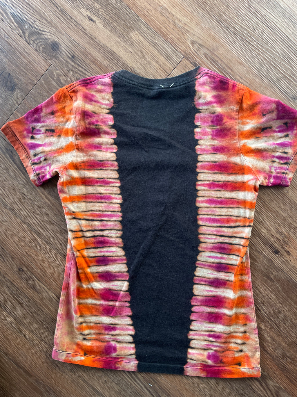 XS Women’s Virgin of Guacamole Crag to Crux Handmade Tie Dye T-Shirt | Black, Red, and Orange Pleated Short Sleeve