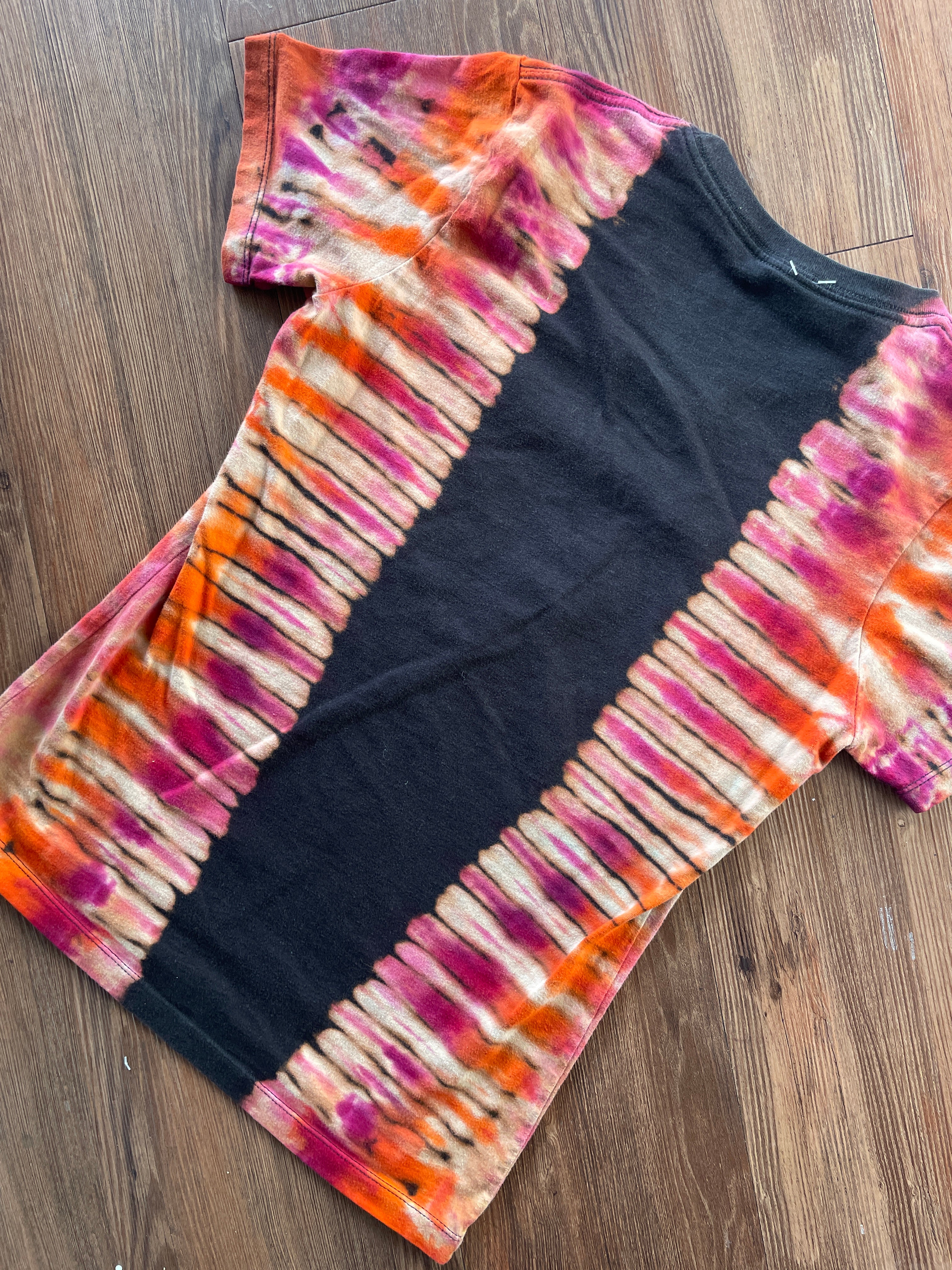 XS Women’s Virgin of Guacamole Crag to Crux Handmade Tie Dye T-Shirt | Black, Red, and Orange Pleated Short Sleeve