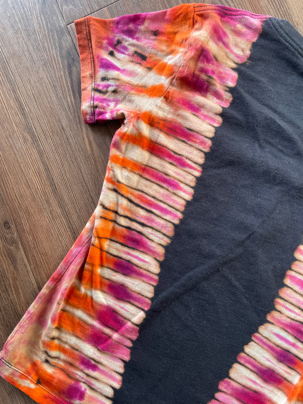 XS Women’s Virgin of Guacamole Crag to Crux Handmade Tie Dye T-Shirt | Black, Red, and Orange Pleated Short Sleeve