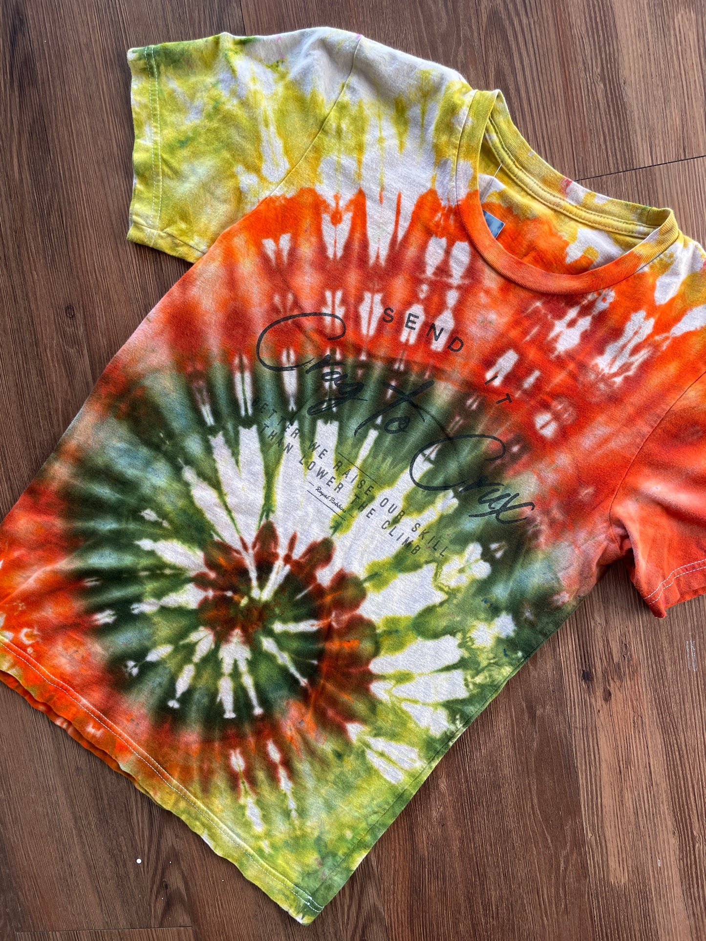 MEDIUM Women’s Crag to Crux Earth Tones Spiral Handmade Tie Dye T-Shirt | Green, Brown, and Orange Spiral Short Sleeve