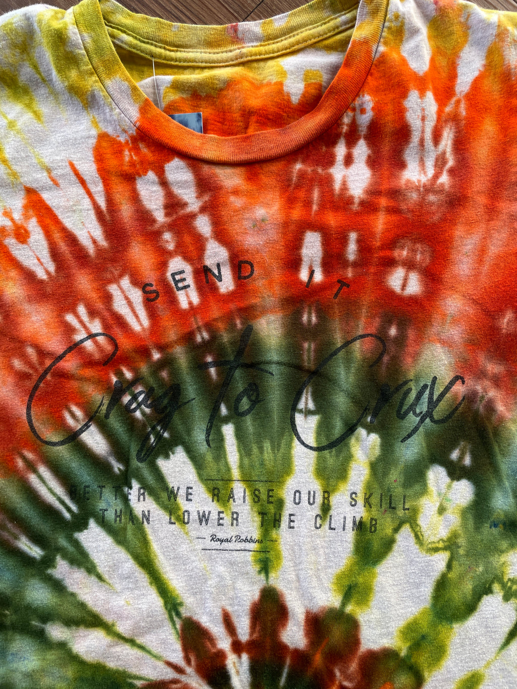 MEDIUM Women’s Crag to Crux Earth Tones Spiral Handmade Tie Dye T-Shirt | Green, Brown, and Orange Spiral Short Sleeve