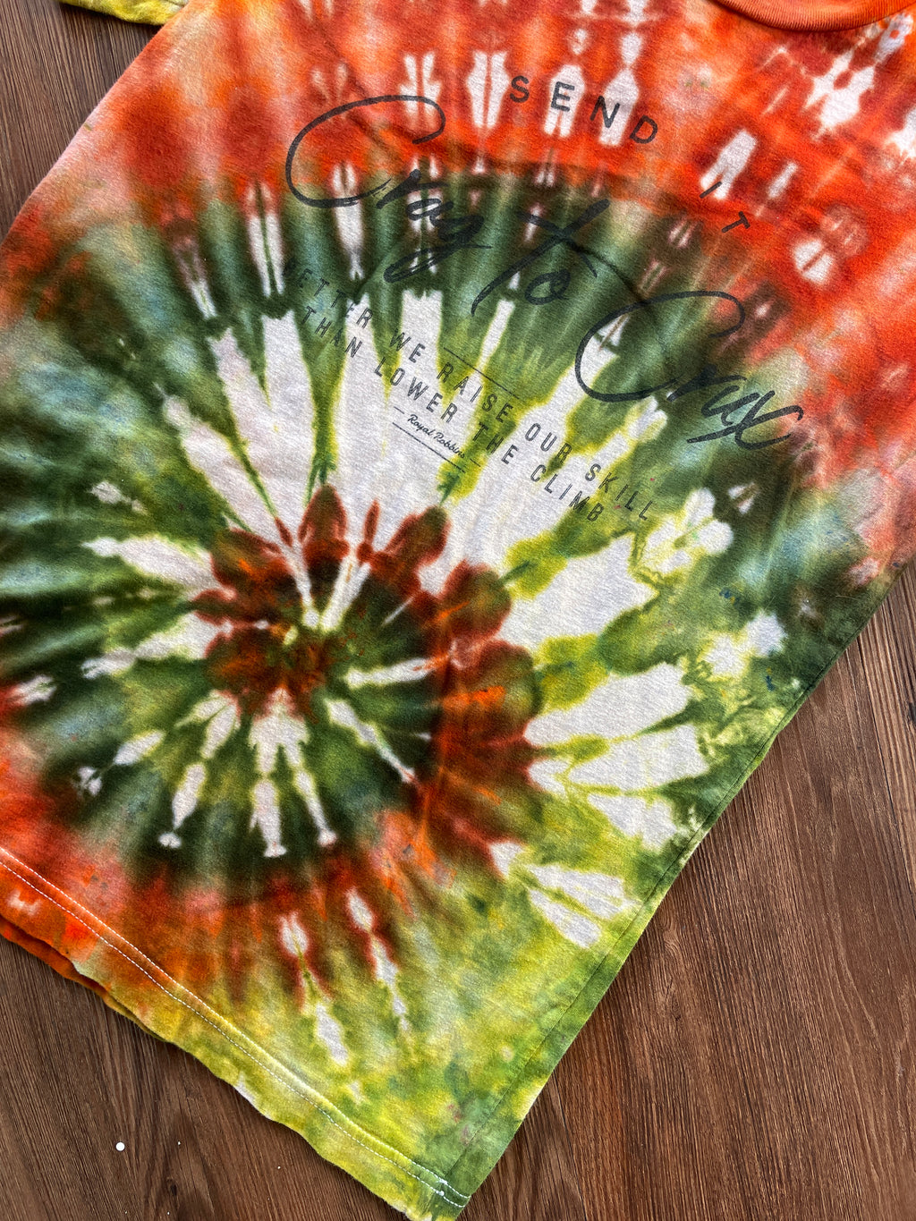 MEDIUM Women’s Crag to Crux Earth Tones Spiral Handmade Tie Dye T-Shirt | Green, Brown, and Orange Spiral Short Sleeve