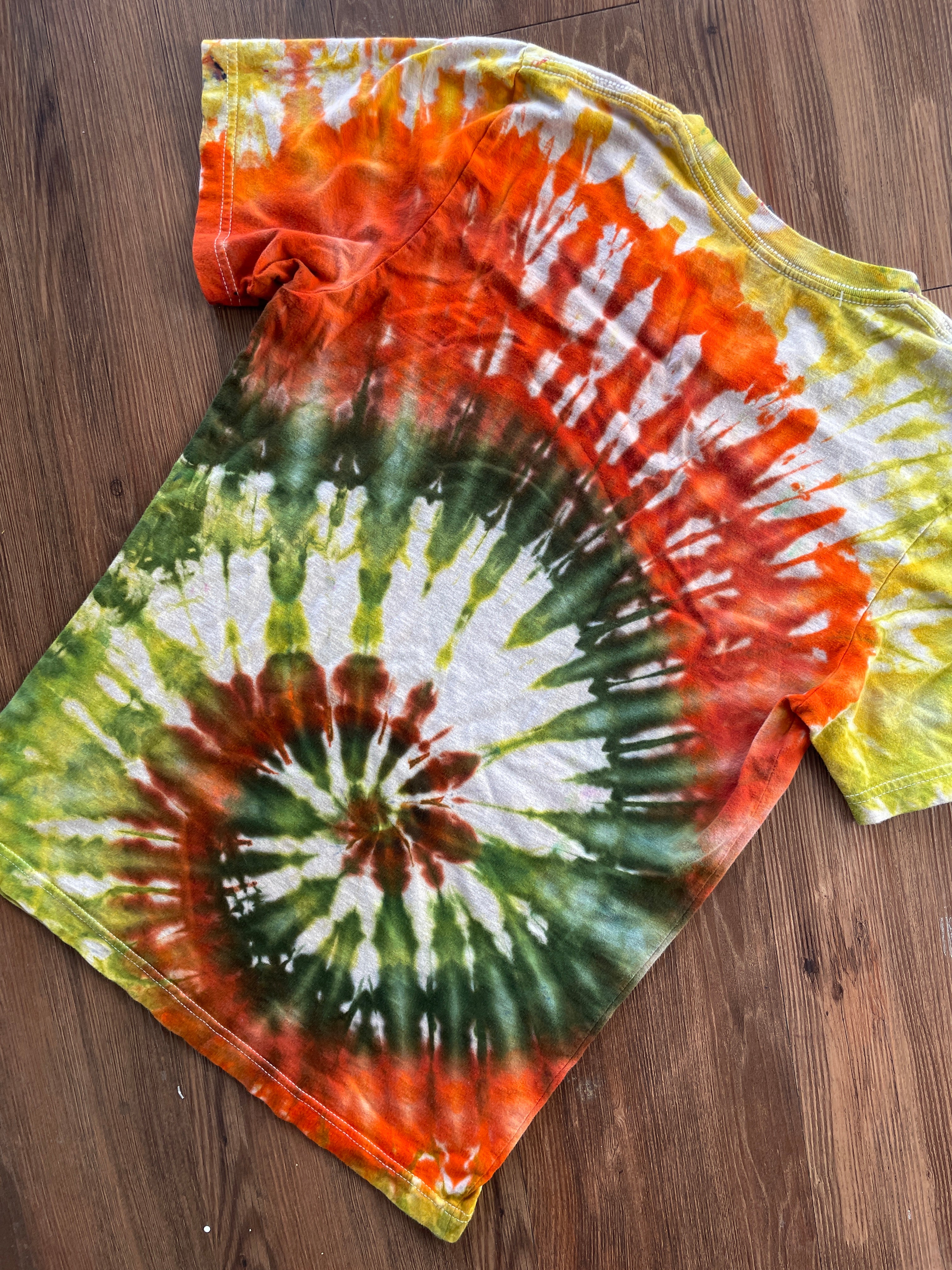 MEDIUM Women’s Crag to Crux Earth Tones Spiral Handmade Tie Dye T-Shirt | Green, Brown, and Orange Spiral Short Sleeve