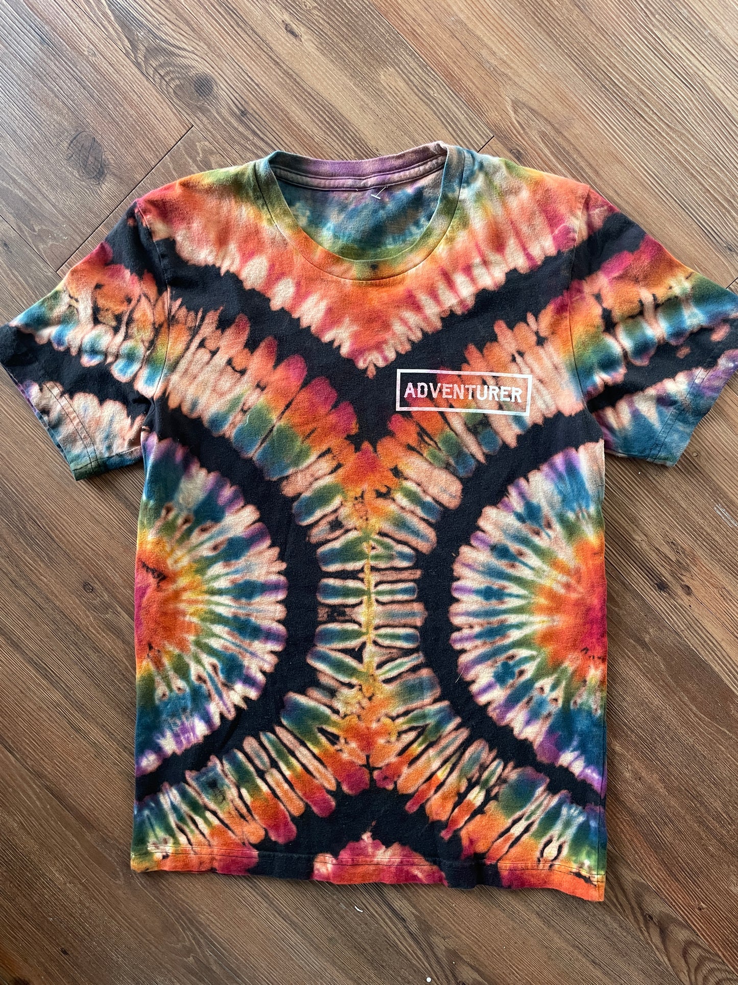 MEDIUM Men’s Adventurer Crag to Crux Handmade Tie Dye Sweatshirt | Black and Rainbow Pleated Short Sleeve