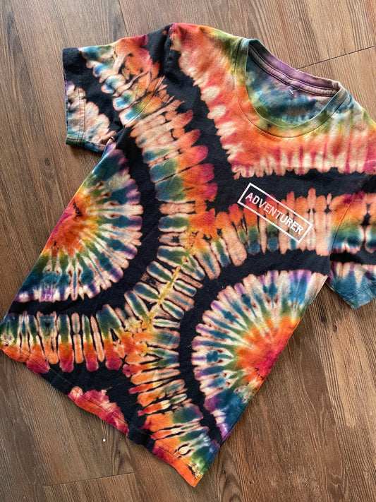 MEDIUM Men’s Adventurer Crag to Crux Handmade Tie Dye Sweatshirt | Black and Rainbow Pleated Short Sleeve