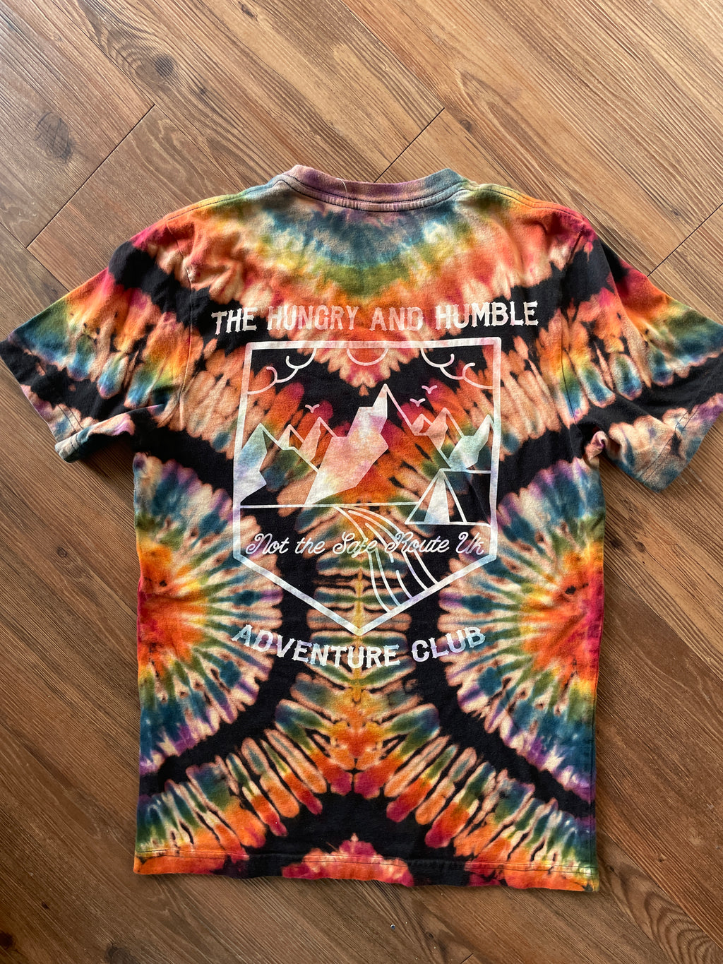 MEDIUM Men’s Adventurer Crag to Crux Handmade Tie Dye Sweatshirt | Black and Rainbow Pleated Short Sleeve