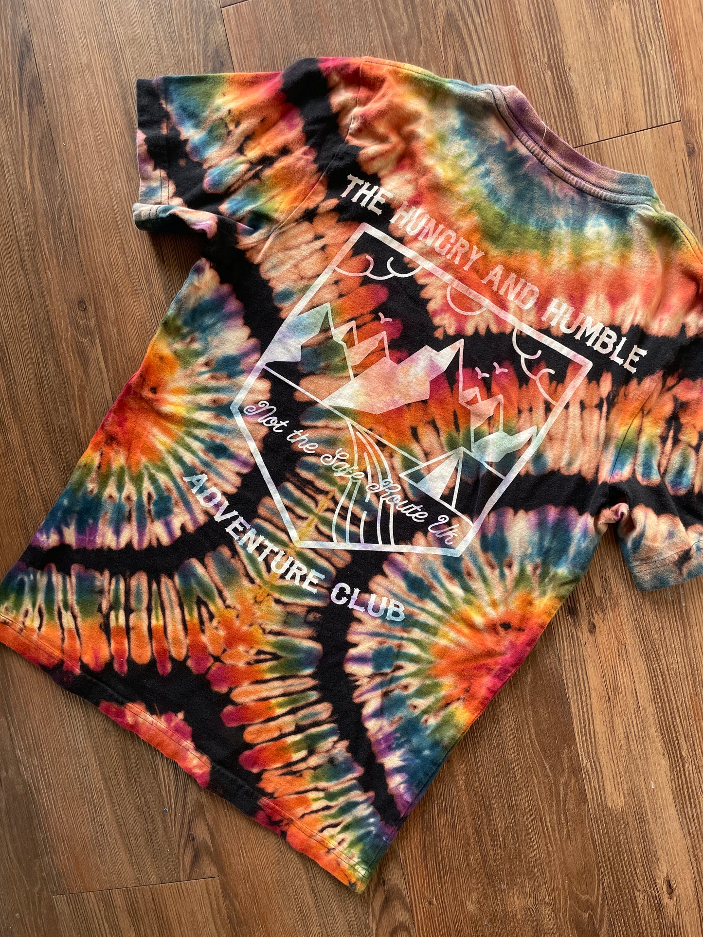 MEDIUM Men’s Adventurer Crag to Crux Handmade Tie Dye Sweatshirt | Black and Rainbow Pleated Short Sleeve