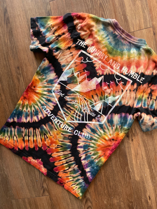 MEDIUM Men’s Adventurer Crag to Crux Handmade Tie Dye Sweatshirt | Black and Rainbow Pleated Short Sleeve