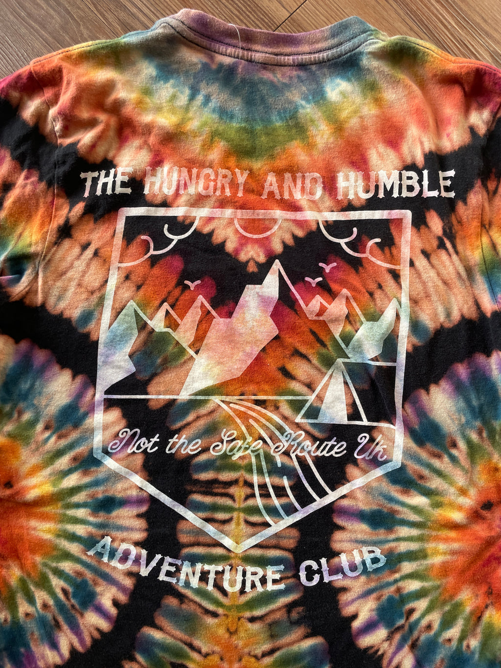 MEDIUM Men’s Adventurer Crag to Crux Handmade Tie Dye Sweatshirt | Black and Rainbow Pleated Short Sleeve