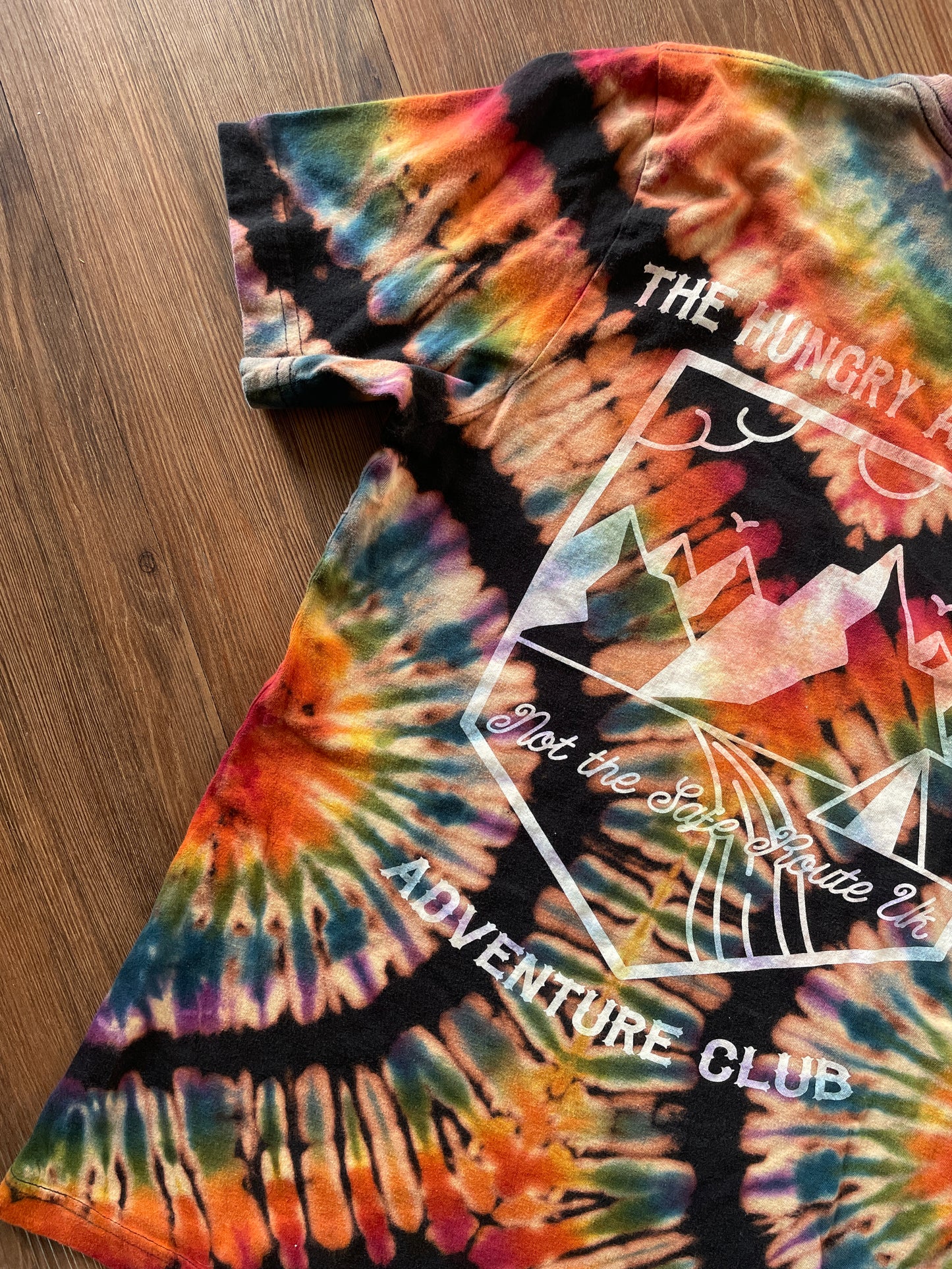 MEDIUM Men’s Adventurer Crag to Crux Handmade Tie Dye Sweatshirt | Black and Rainbow Pleated Short Sleeve