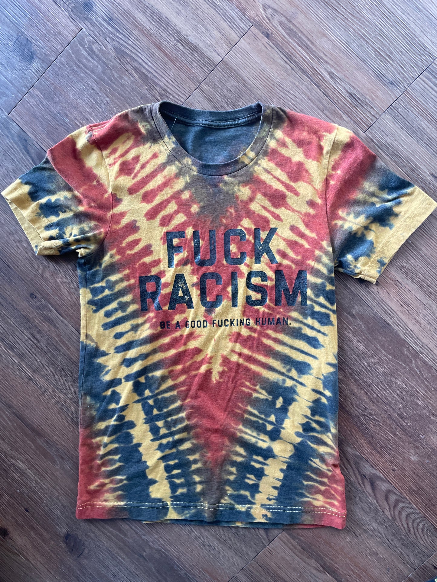 MEDIUM Men’s Fuck Racism Crag to Crux Handmade Tie Dye T-Shirt | Yellow, Brown, and Black V-Pleated Short Sleeve