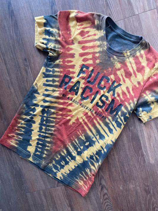 MEDIUM Men’s Fuck Racism Crag to Crux Handmade Tie Dye T-Shirt | Yellow, Brown, and Black V-Pleated Short Sleeve