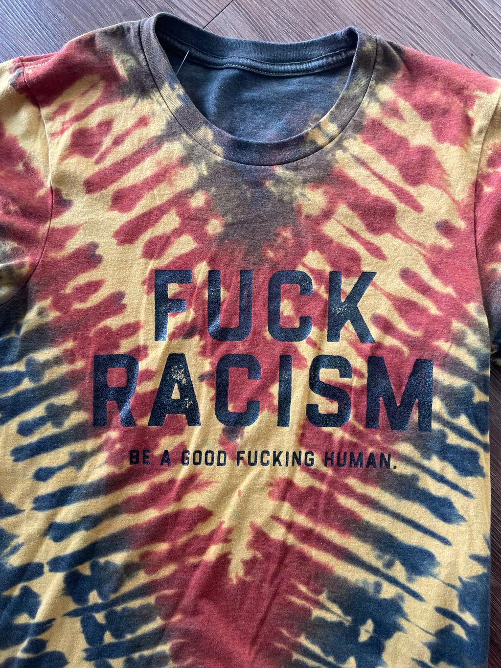 MEDIUM Men’s Fuck Racism Crag to Crux Handmade Tie Dye T-Shirt | Yellow, Brown, and Black V-Pleated Short Sleeve