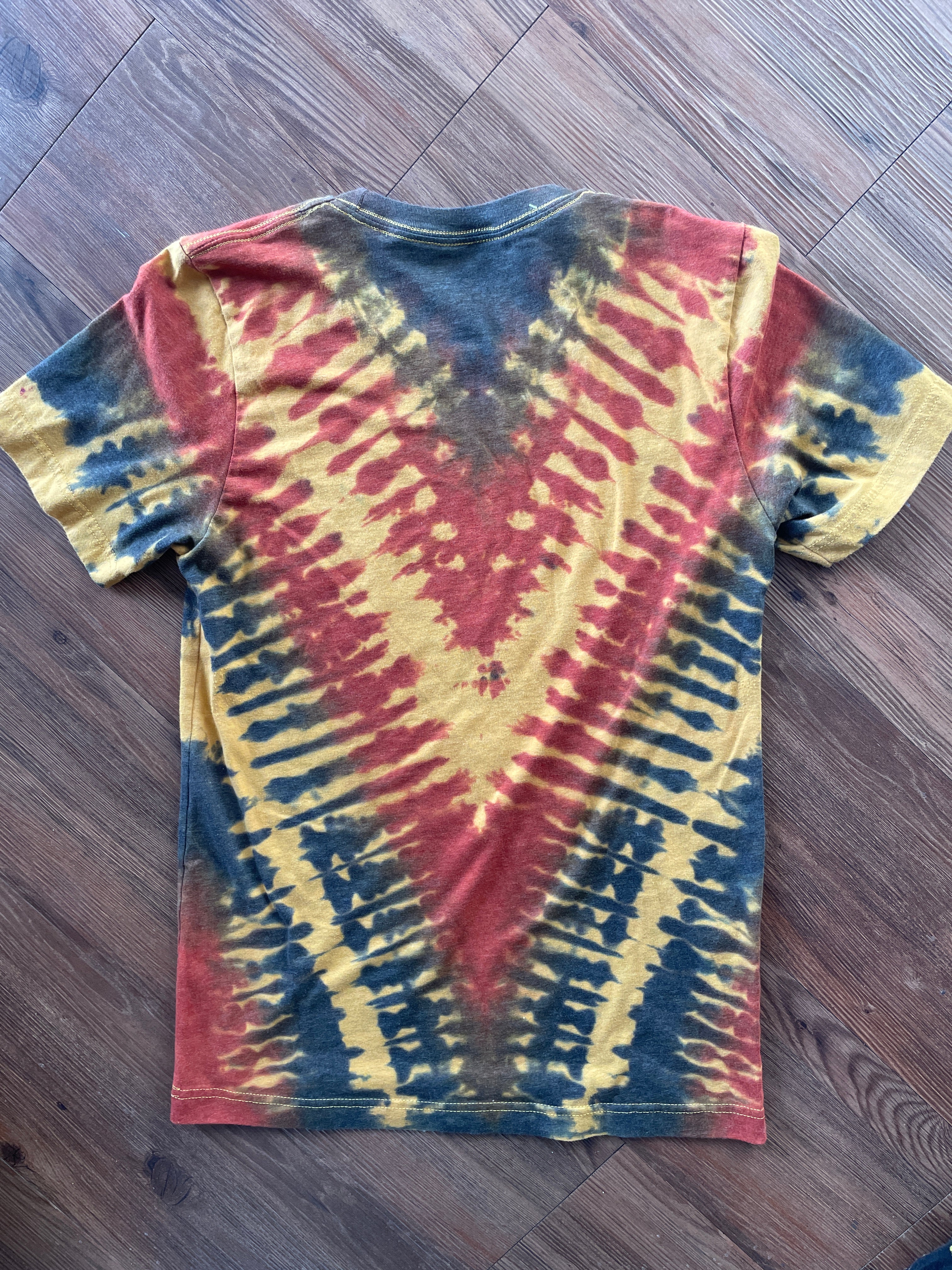 MEDIUM Men’s Fuck Racism Crag to Crux Handmade Tie Dye T-Shirt | Yellow, Brown, and Black V-Pleated Short Sleeve