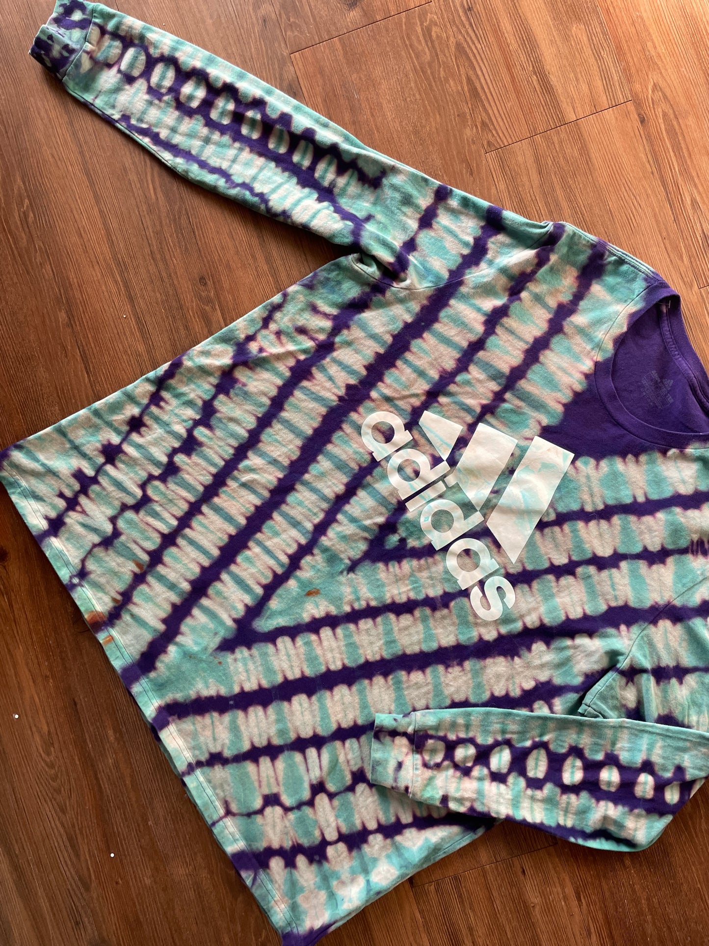 3XL Men’s adidas Handmade Reverse Tie Dye Long Sleeve T-Shirt | Purple and Teal V-Pleated Long Sleeve