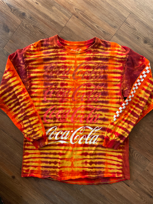 XL Men’s Coca-Cola Handmade Tie Dye Long Sleeve T-Shirt | Yellow, Orange, and Red Pleated Long Sleeve