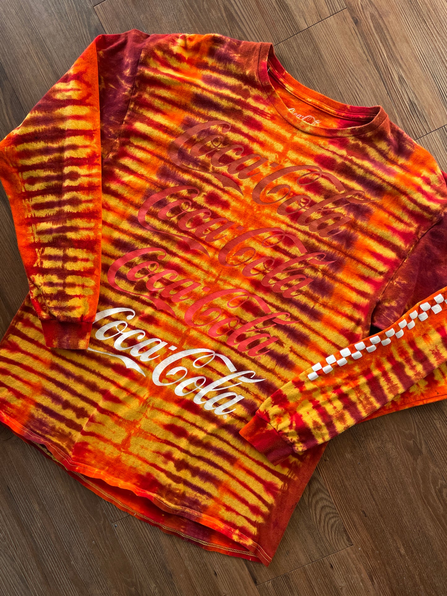 XL Men’s Coca-Cola Handmade Tie Dye Long Sleeve T-Shirt | Yellow, Orange, and Red Pleated Long Sleeve