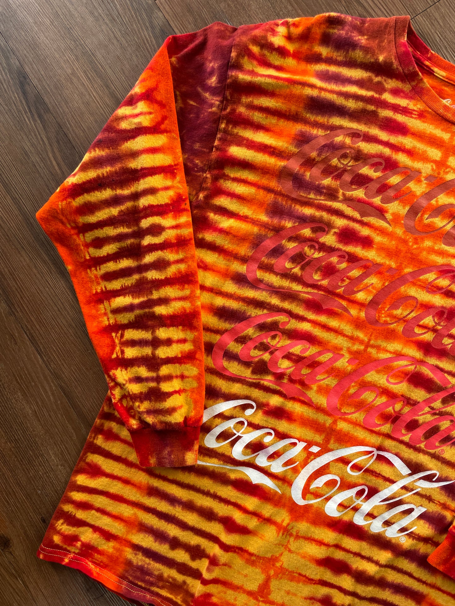 XL Men’s Coca-Cola Handmade Tie Dye Long Sleeve T-Shirt | Yellow, Orange, and Red Pleated Long Sleeve