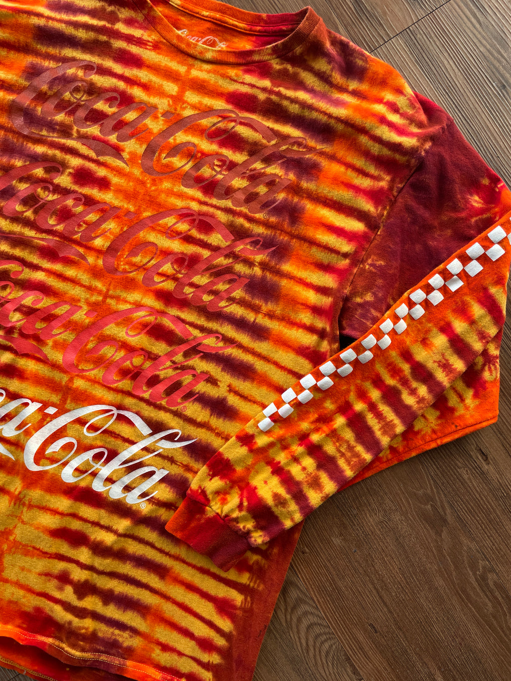 XL Men’s Coca-Cola Handmade Tie Dye Long Sleeve T-Shirt | Yellow, Orange, and Red Pleated Long Sleeve