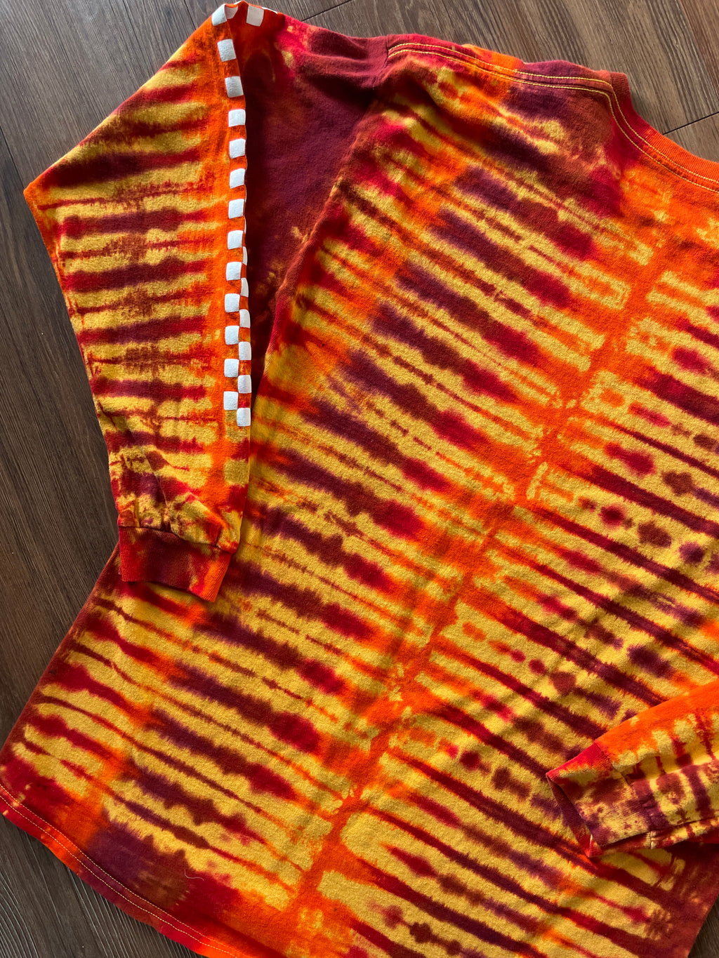 XL Men’s Coca-Cola Handmade Tie Dye Long Sleeve T-Shirt | Yellow, Orange, and Red Pleated Long Sleeve