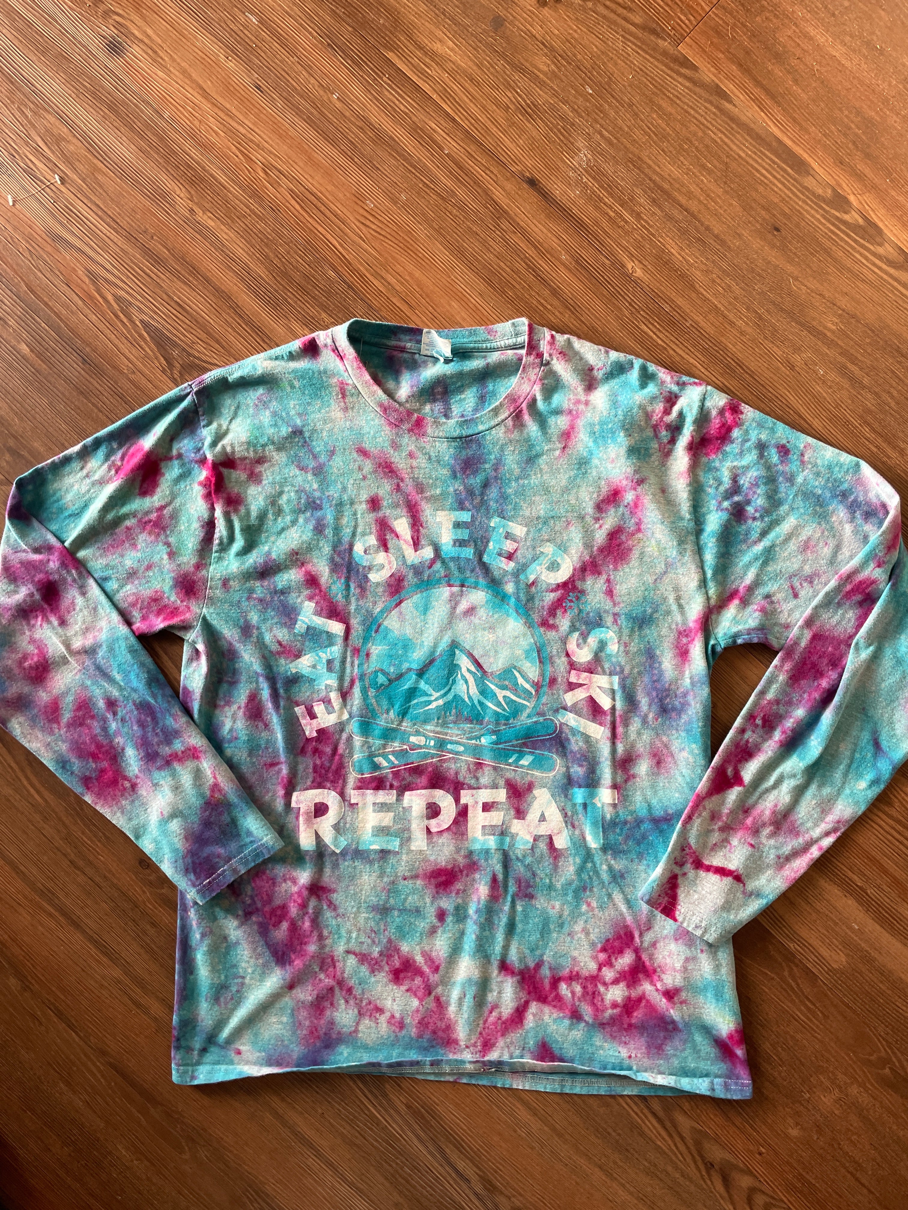 LARGE Men’s Eat, Sleep, Ski, Repeat Galaxy Handmade Tie Dye Long Sleeve T-Short | Pastel Blue and Purple Ice Dye Long Sleeve Tee