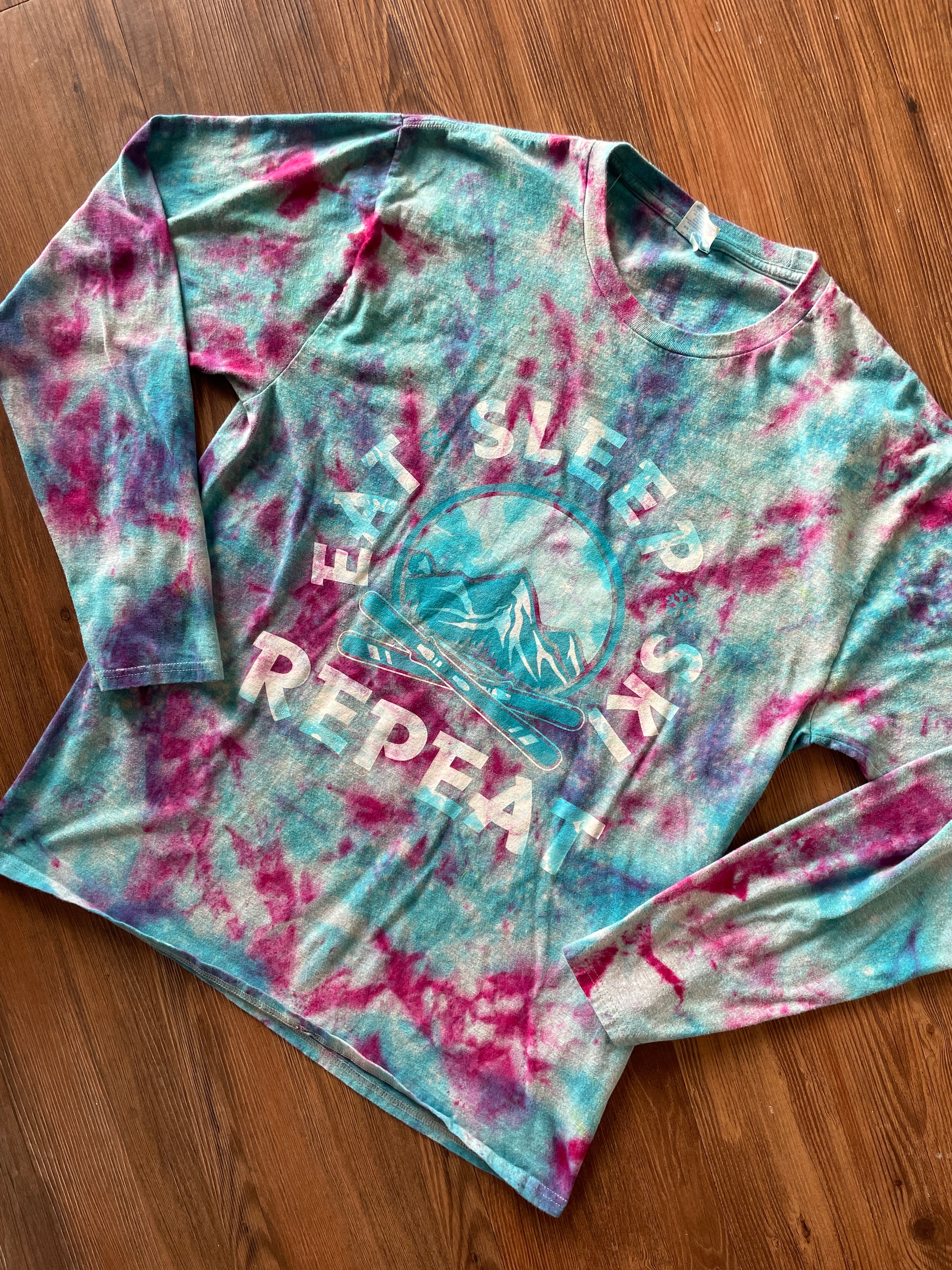 LARGE Men’s Eat, Sleep, Ski, Repeat Galaxy Handmade Tie Dye Long Sleeve T-Short | Pastel Blue and Purple Ice Dye Long Sleeve Tee