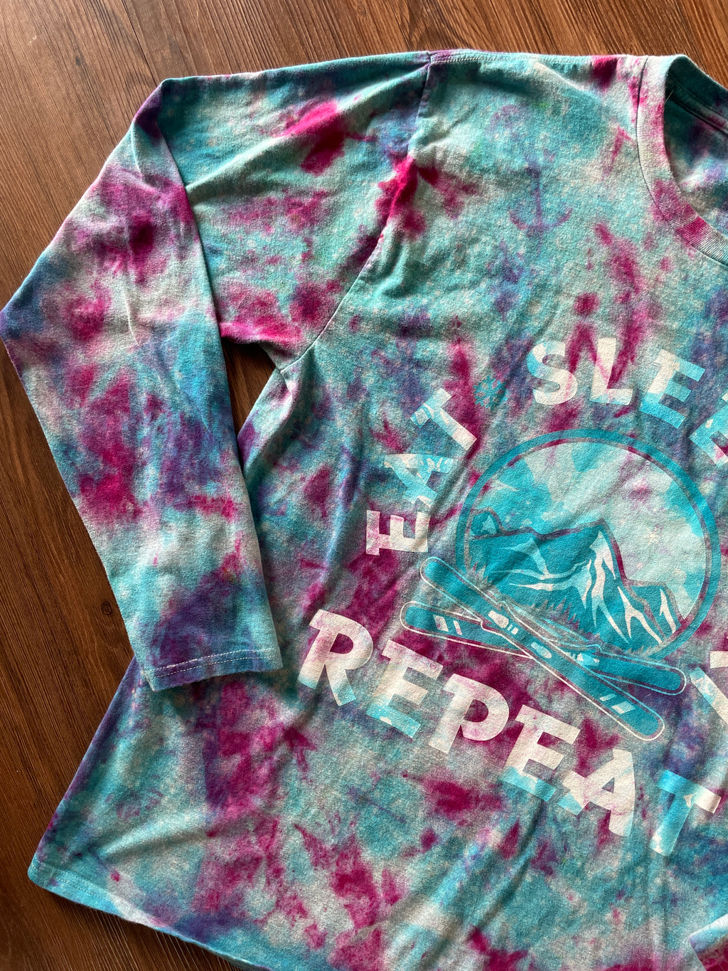 LARGE Men’s Eat, Sleep, Ski, Repeat Galaxy Handmade Tie Dye Long Sleeve T-Short | Pastel Blue and Purple Ice Dye Long Sleeve Tee