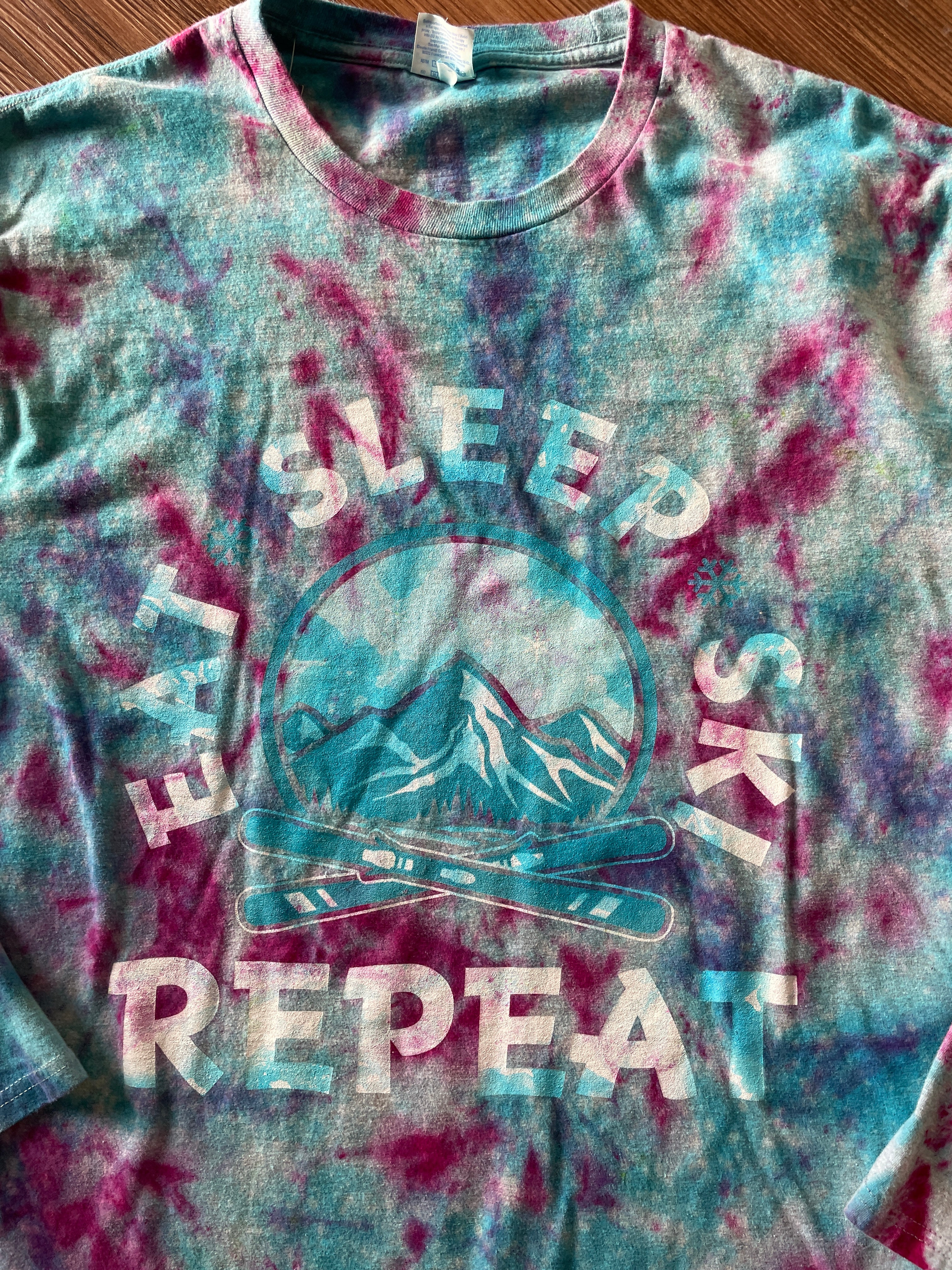 LARGE Men’s Eat, Sleep, Ski, Repeat Galaxy Handmade Tie Dye Long Sleeve T-Short | Pastel Blue and Purple Ice Dye Long Sleeve Tee