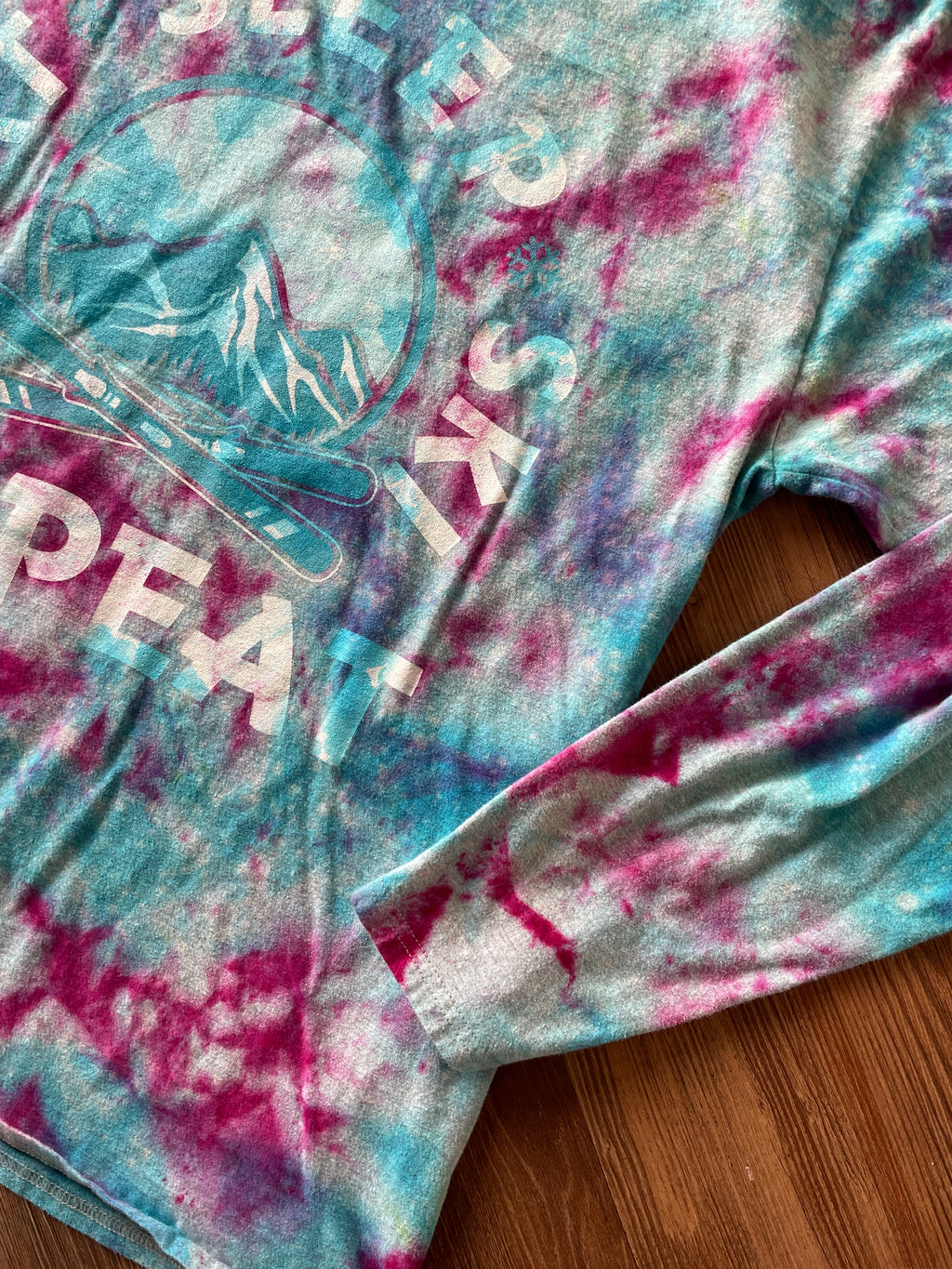 LARGE Men’s Eat, Sleep, Ski, Repeat Galaxy Handmade Tie Dye Long Sleeve T-Short | Pastel Blue and Purple Ice Dye Long Sleeve Tee