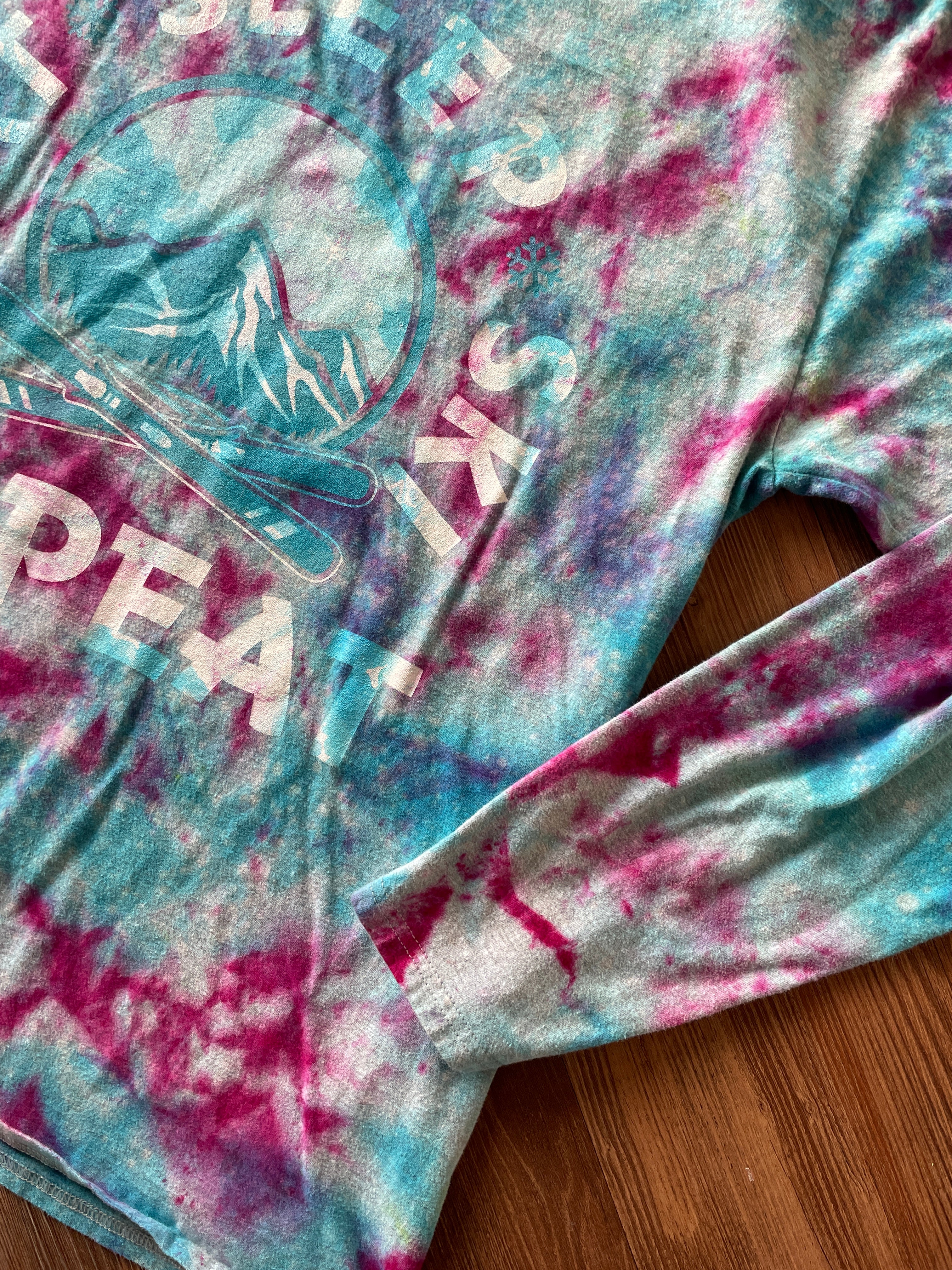 LARGE Men’s Eat, Sleep, Ski, Repeat Galaxy Handmade Tie Dye Long Sleeve T-Short | Pastel Blue and Purple Ice Dye Long Sleeve Tee
