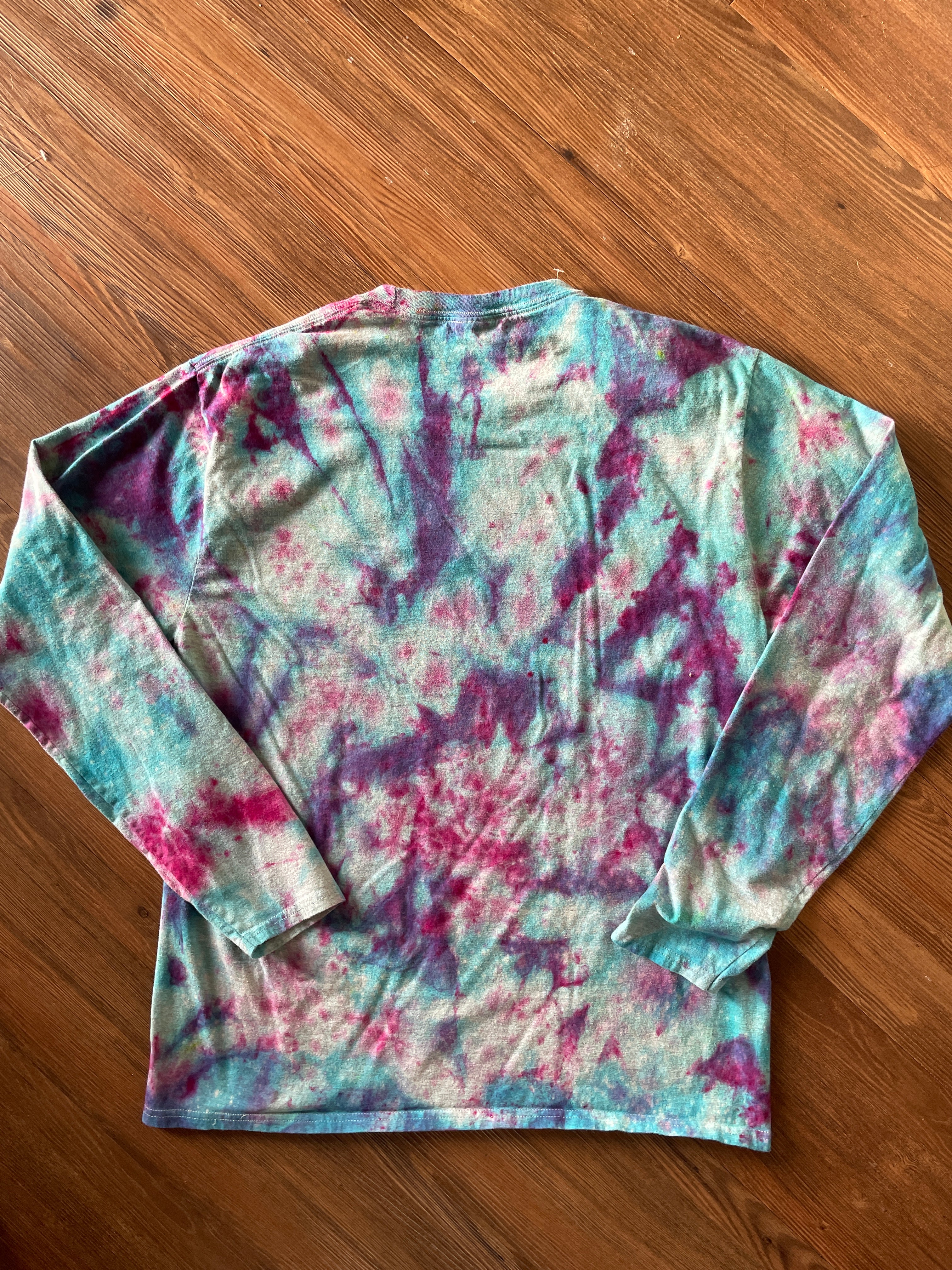 LARGE Men’s Eat, Sleep, Ski, Repeat Galaxy Handmade Tie Dye Long Sleeve T-Short | Pastel Blue and Purple Ice Dye Long Sleeve Tee