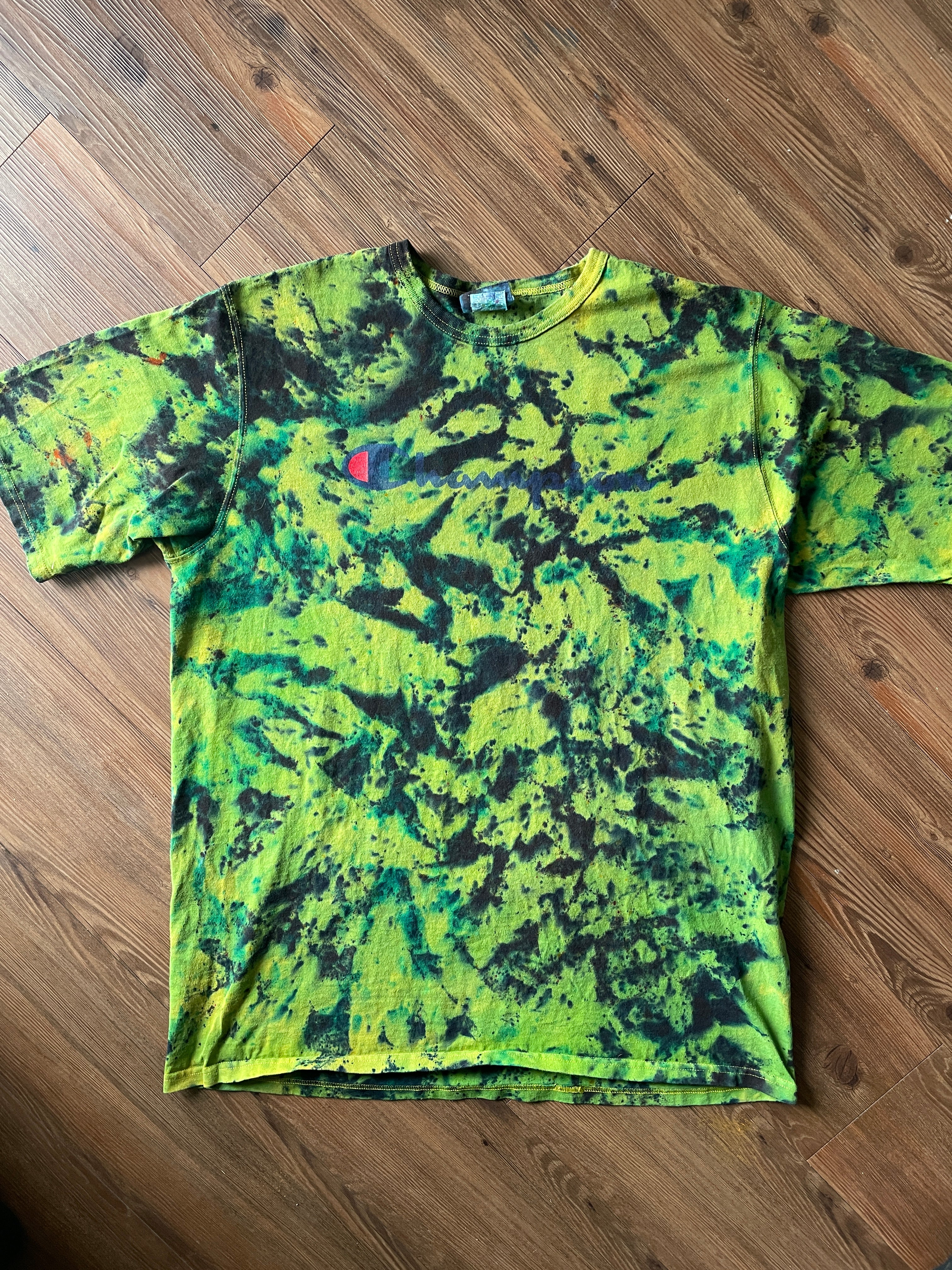 2XL Men’s Champion Handmade Tie Dye T-Shirt | Green and Black Crumpled Tie Dye Short Sleeve