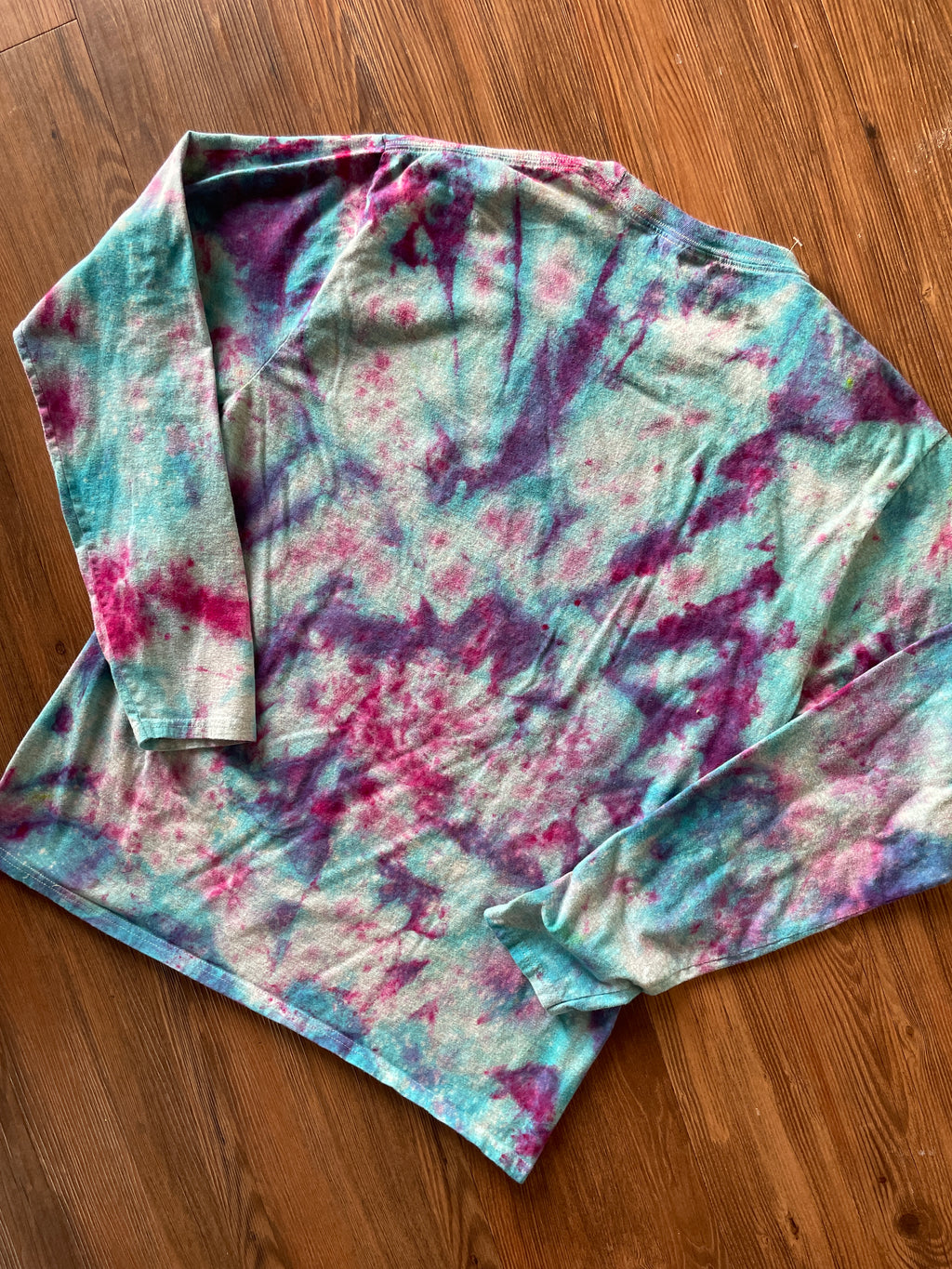 LARGE Men’s Eat, Sleep, Ski, Repeat Galaxy Handmade Tie Dye Long Sleeve T-Short | Pastel Blue and Purple Ice Dye Long Sleeve Tee
