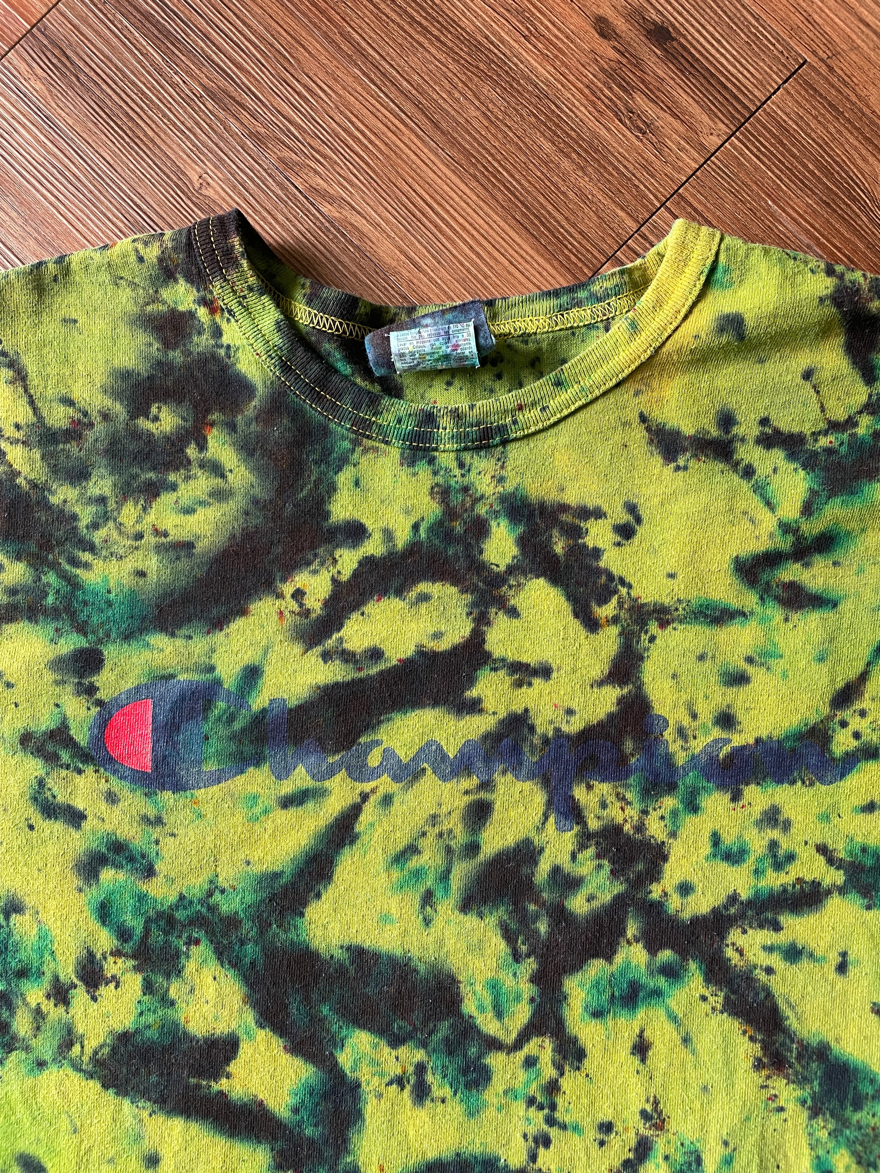 2XL Men’s Champion Handmade Tie Dye T-Shirt | Green and Black Crumpled Tie Dye Short Sleeve