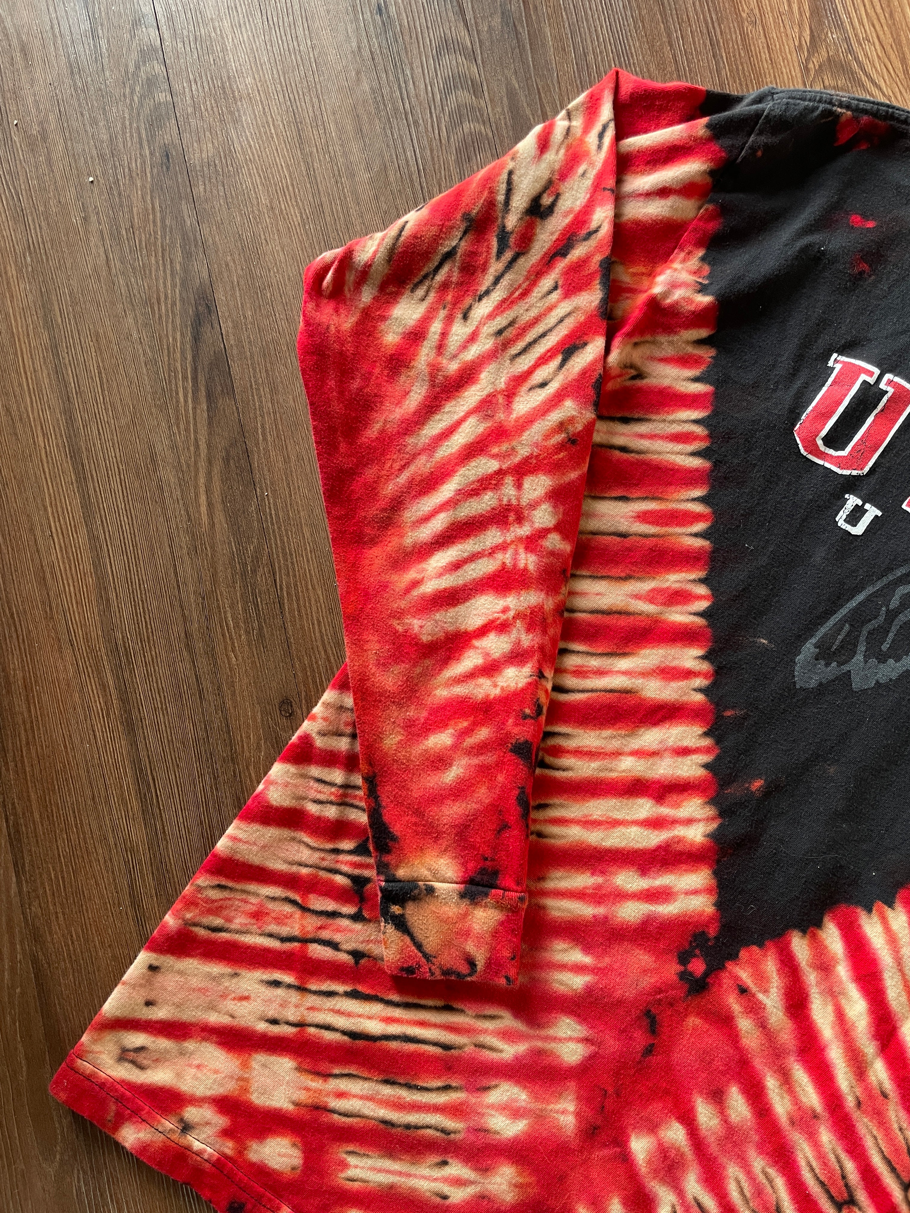 LARGE Men’s Utah Utes Handmade Reverse Tie Dye Long Sleeve T-Shirt | Red and Black V-Pleated Long Sleeve Tee