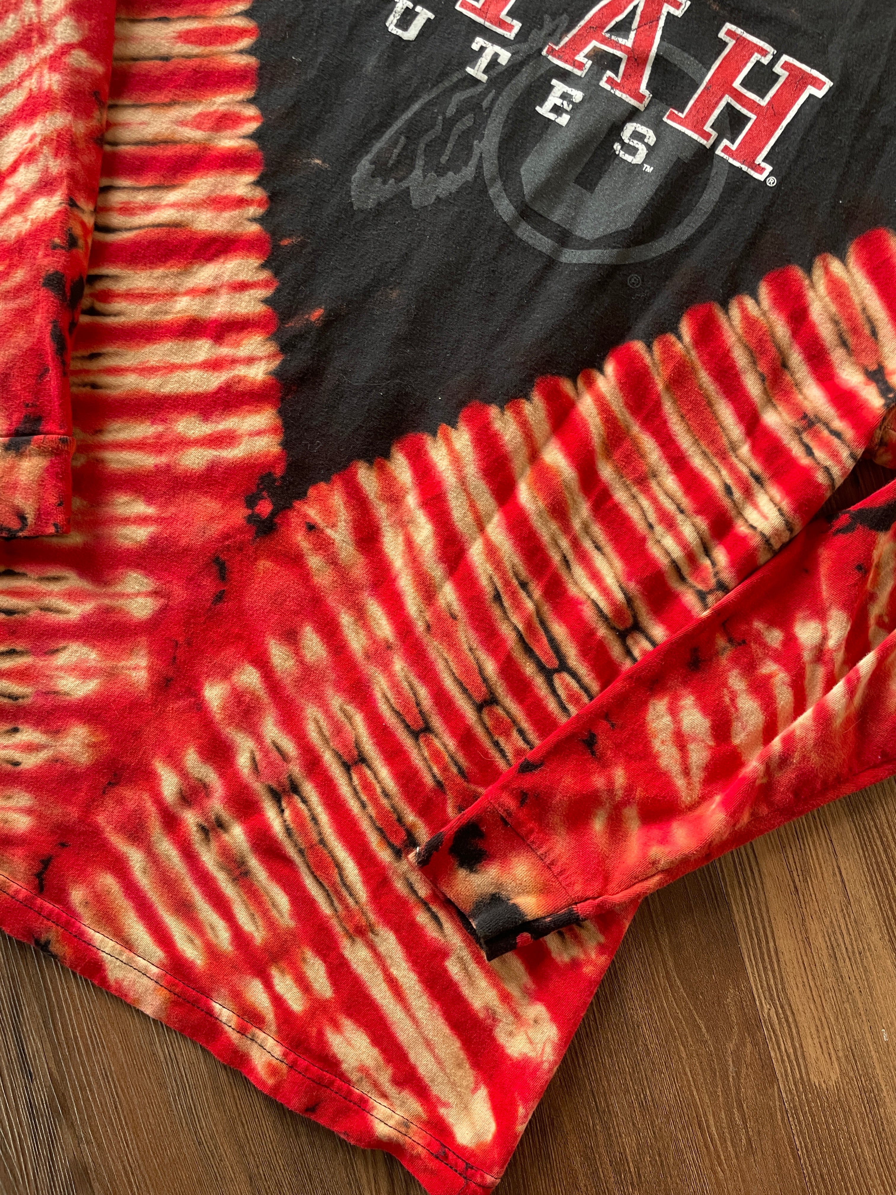 LARGE Men’s Utah Utes Handmade Reverse Tie Dye Long Sleeve T-Shirt | Red and Black V-Pleated Long Sleeve Tee